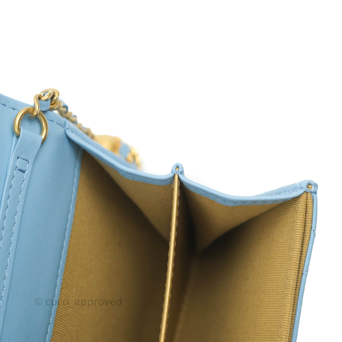 Chanel Pearl Crush Mini Clutch With Chain Blue Lambskin Aged Gold Hardware