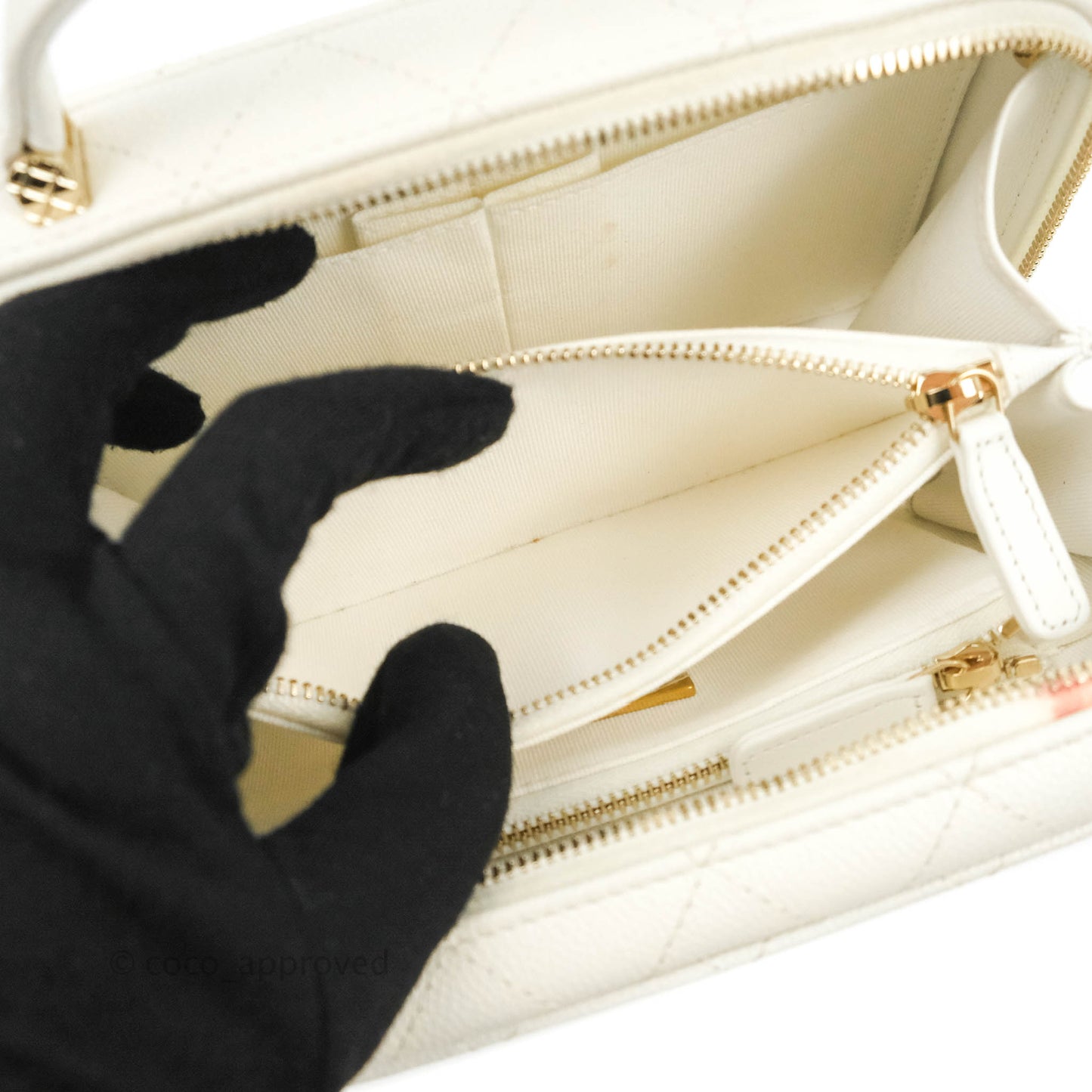 Chanel Quilted Top Handle Vanity White Caviar Gold Hardware