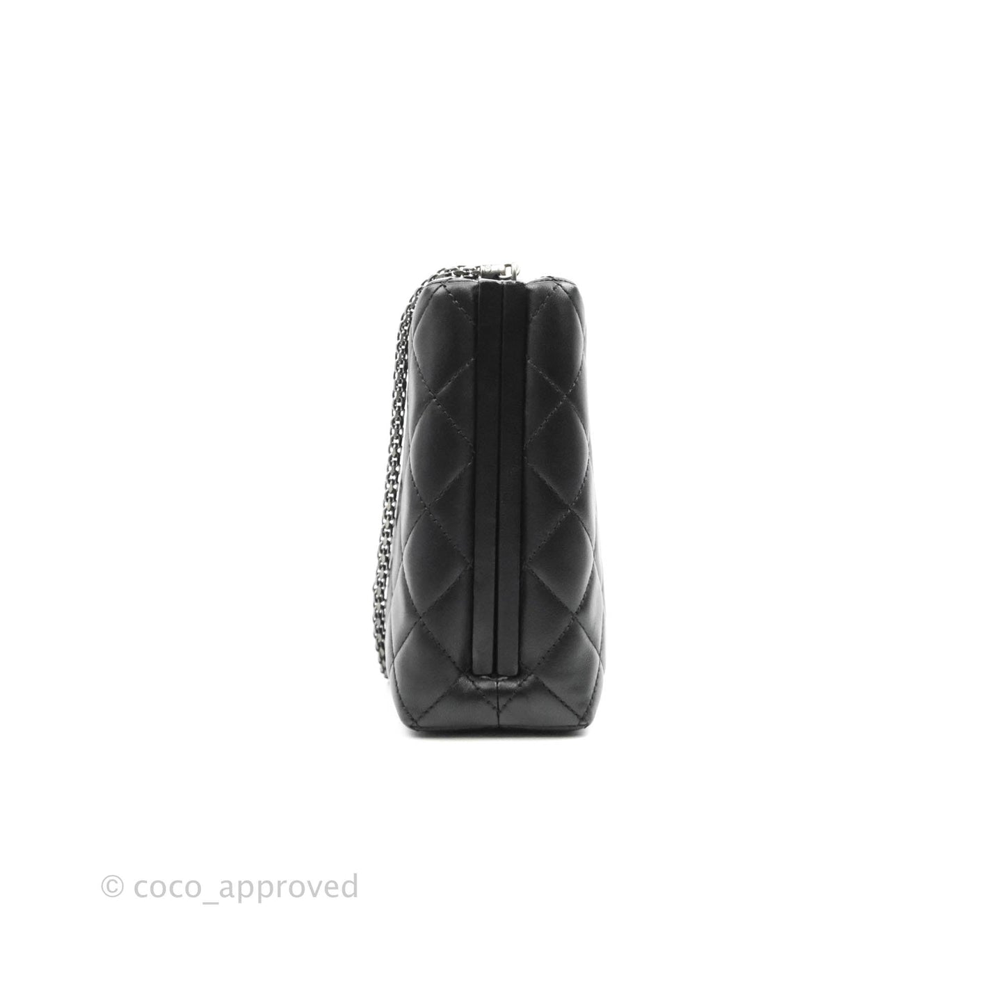 Chanel Quilted CC Kisslock Box With Chain Black Lambskin Ruthenium Hardware
