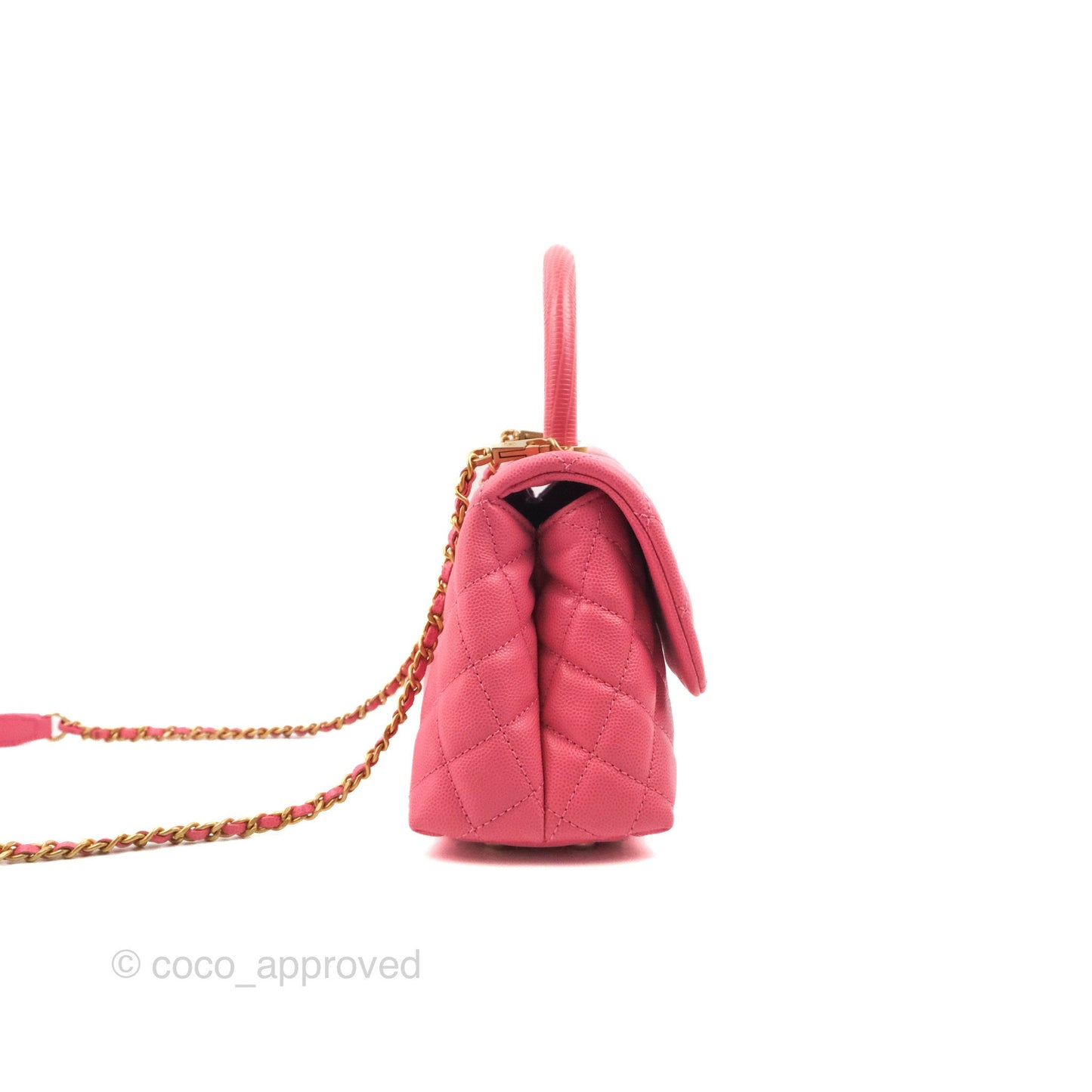 Chanel Small Coco Handle Quilted Pink Caviar Aged Gold Hardware Lizard Embossed Handle