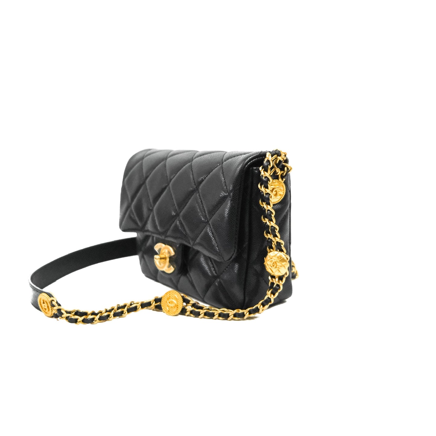 Chanel Small Flap with Coin Charm Black Caviar Aged Gold Hardware 22A