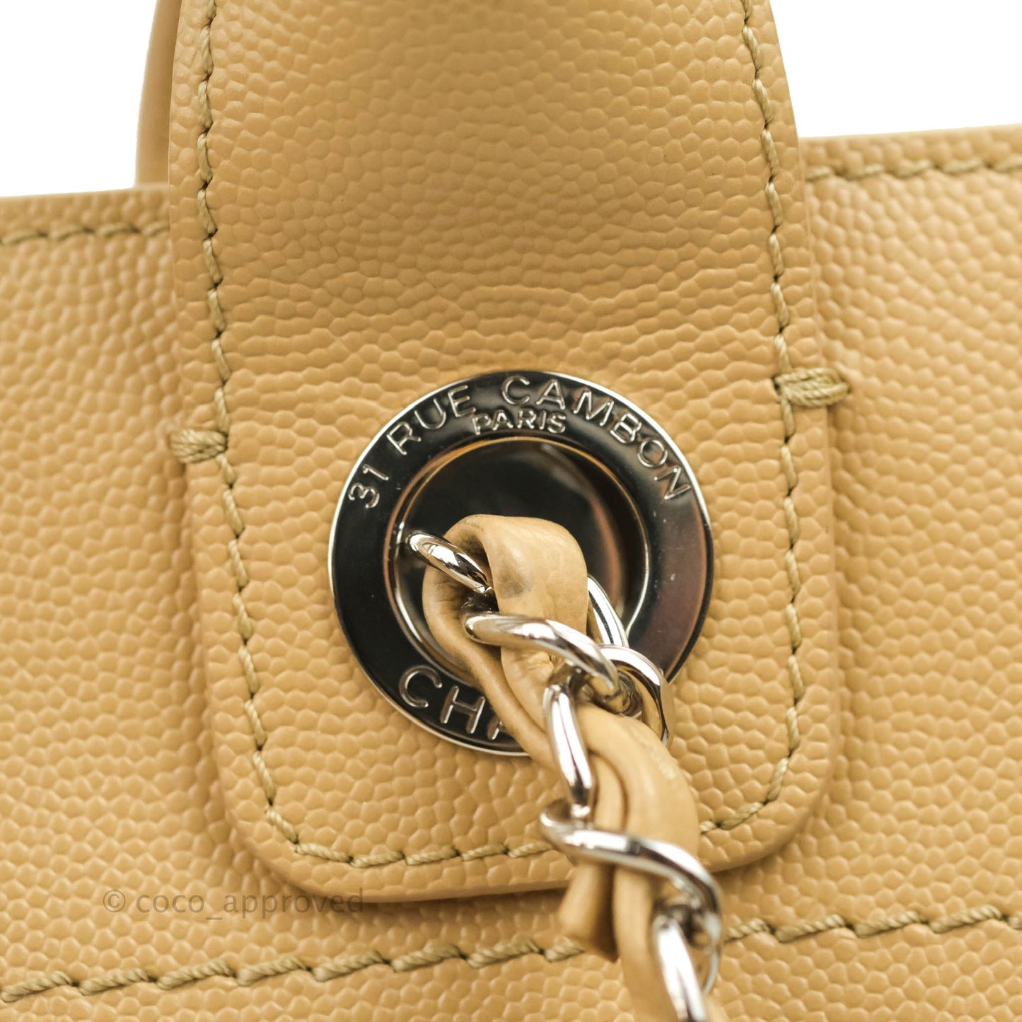 Chanel Small Studded Deauville Tote Beige Caviar Silver Hardware