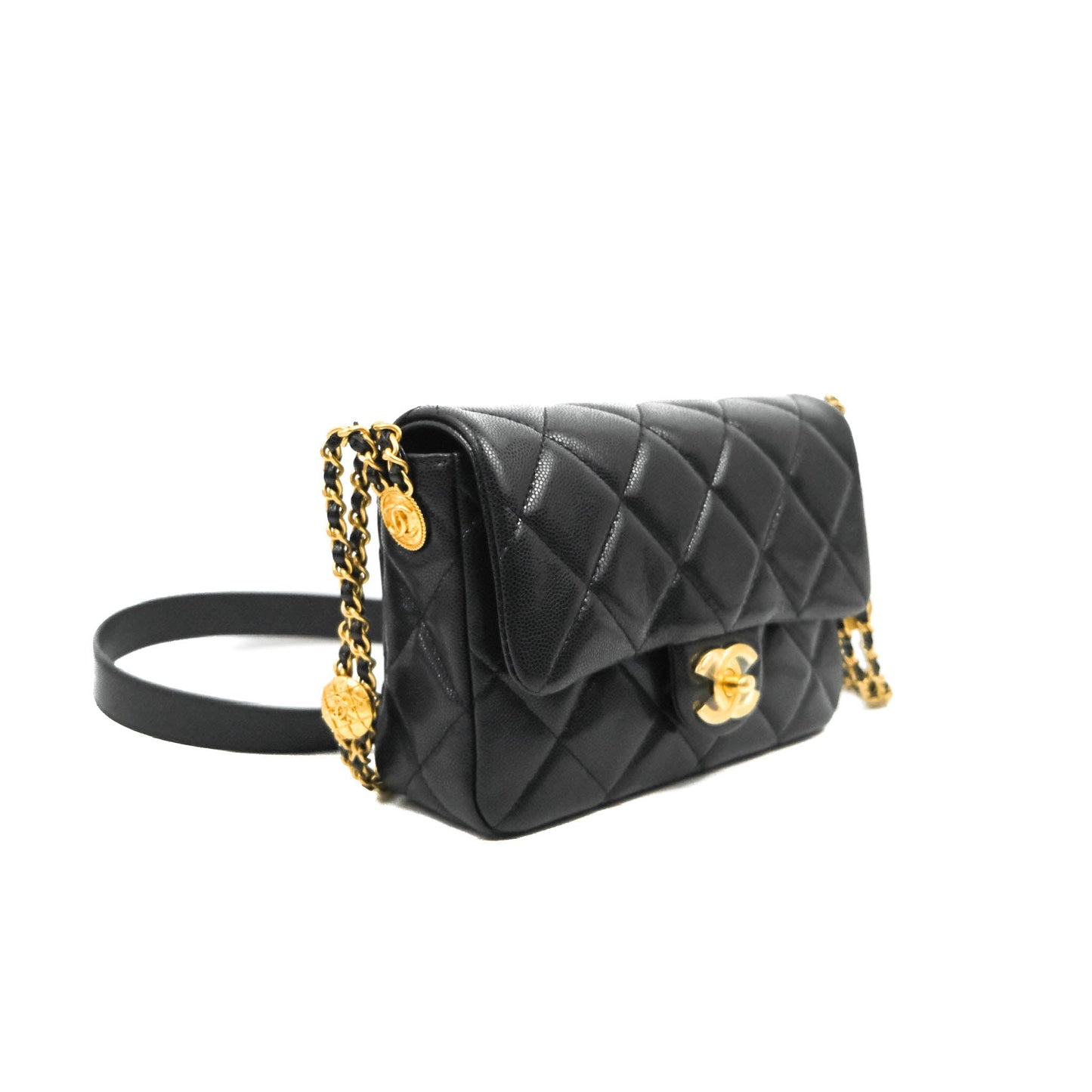 Chanel Small Flap with Coin Charm Black Caviar Aged Gold Hardware 22A