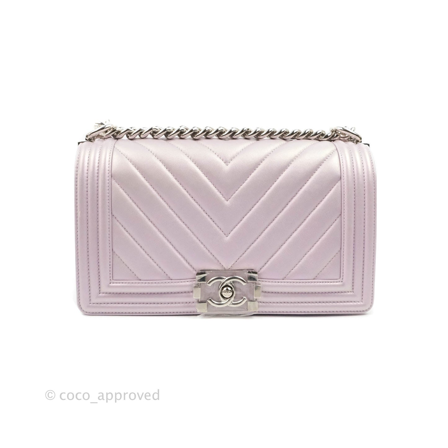 Chanel Medium Boy Chevron Iridescent Lilac Calfskin Silver Hardware