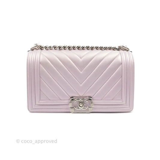 Chanel Medium Boy Chevron Iridescent Lilac Calfskin Silver Hardware