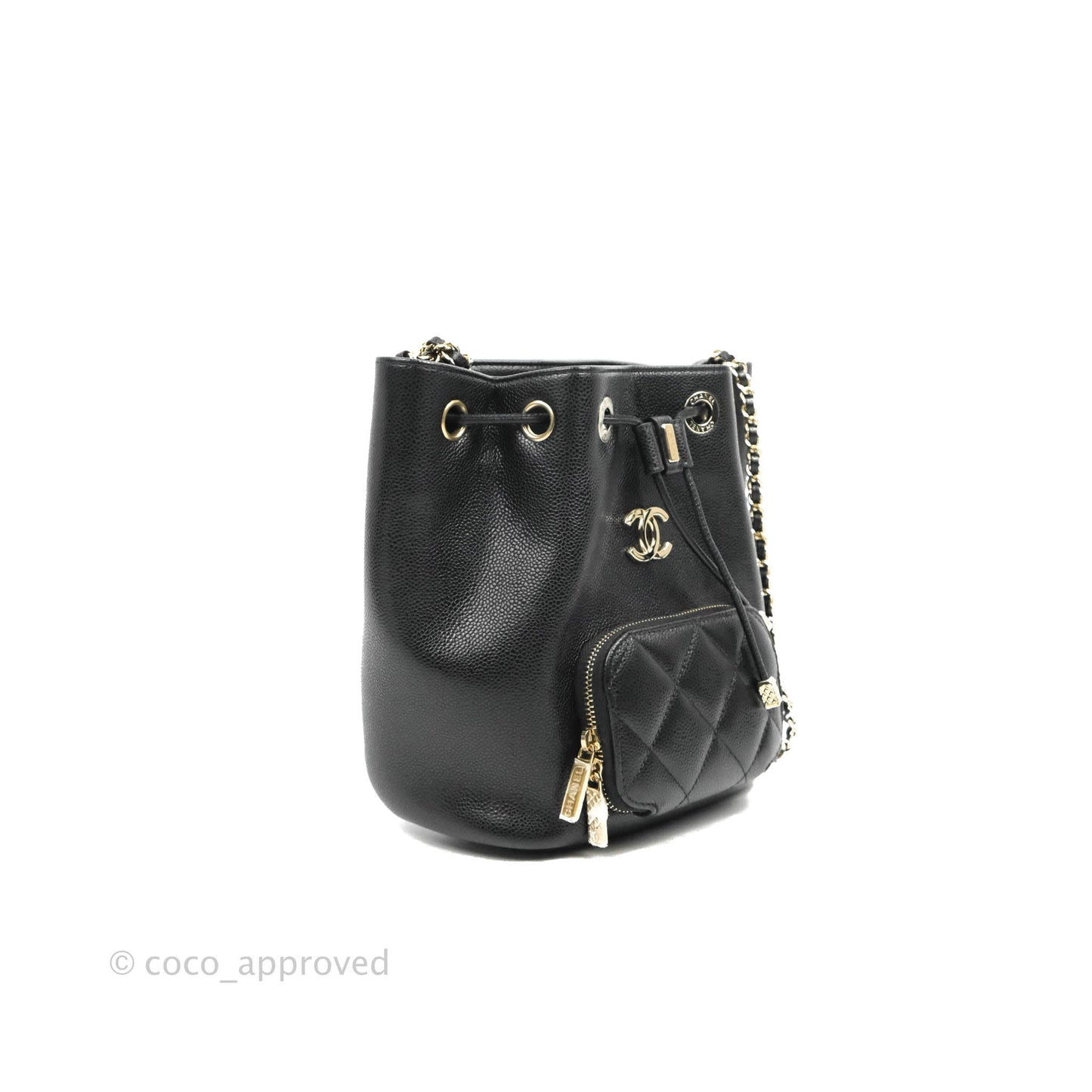 Chanel Caviar Quilted CC Pocket Bucket Bag Black Gold Hardware