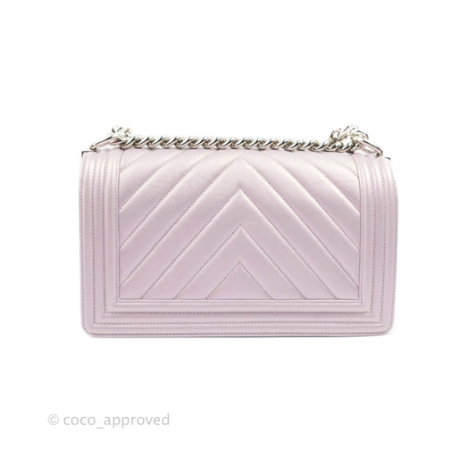 Chanel Medium Boy Chevron Iridescent Lilac Calfskin Silver Hardware