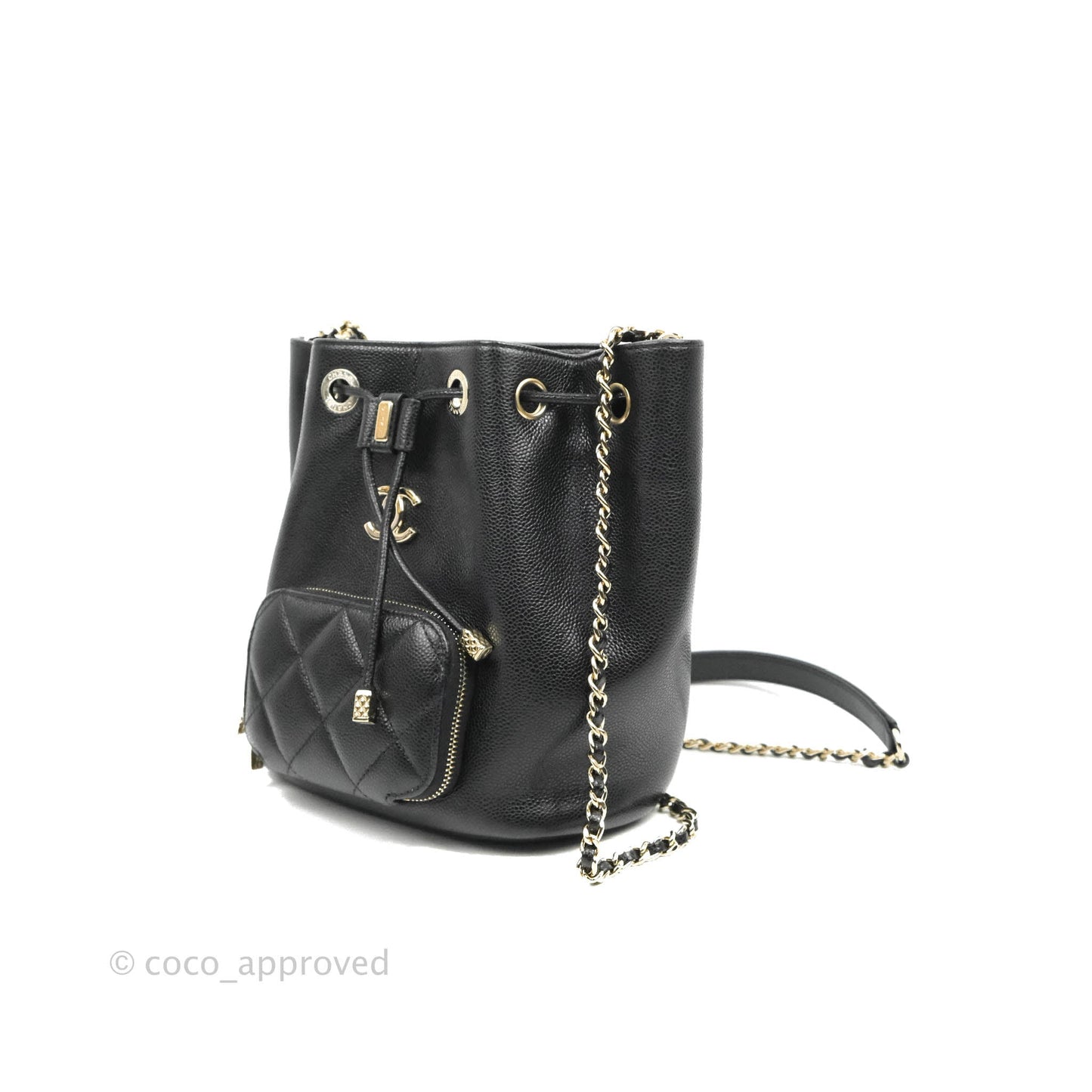 Chanel Caviar Quilted CC Pocket Bucket Bag Black Gold Hardware
