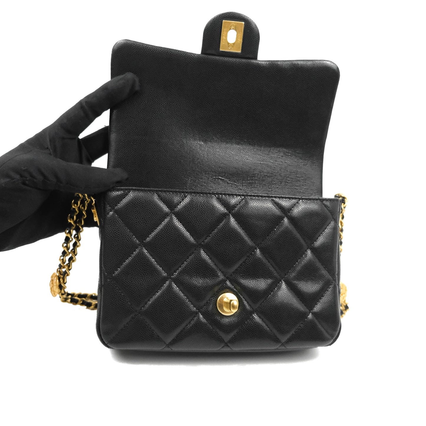 Chanel Small Flap with Coin Charm Black Caviar Aged Gold Hardware 22A