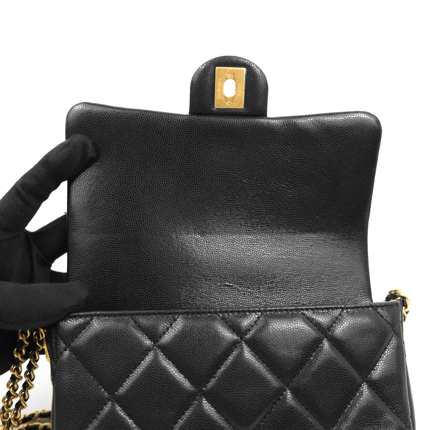 Chanel Small Flap with Coin Charm Black Caviar Aged Gold Hardware 22A