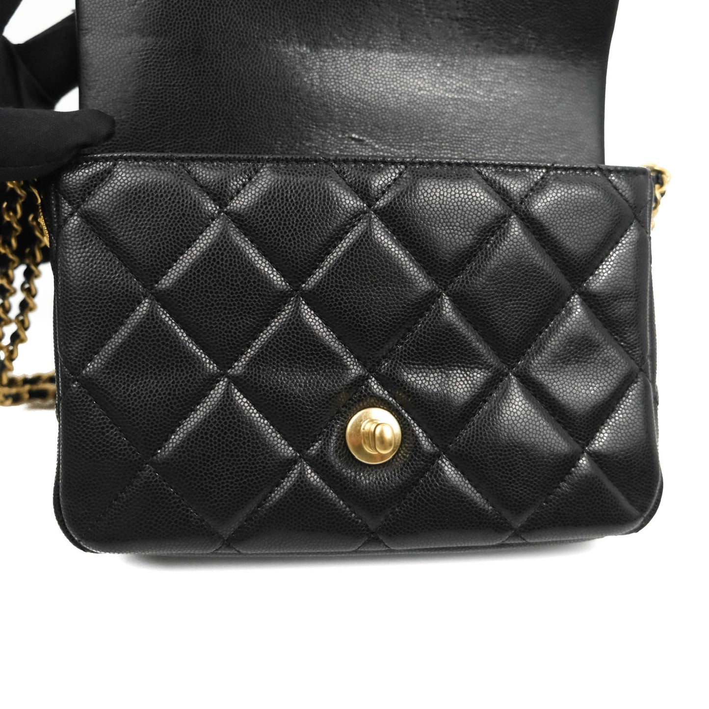 Chanel Small Flap with Coin Charm Black Caviar Aged Gold Hardware 22A