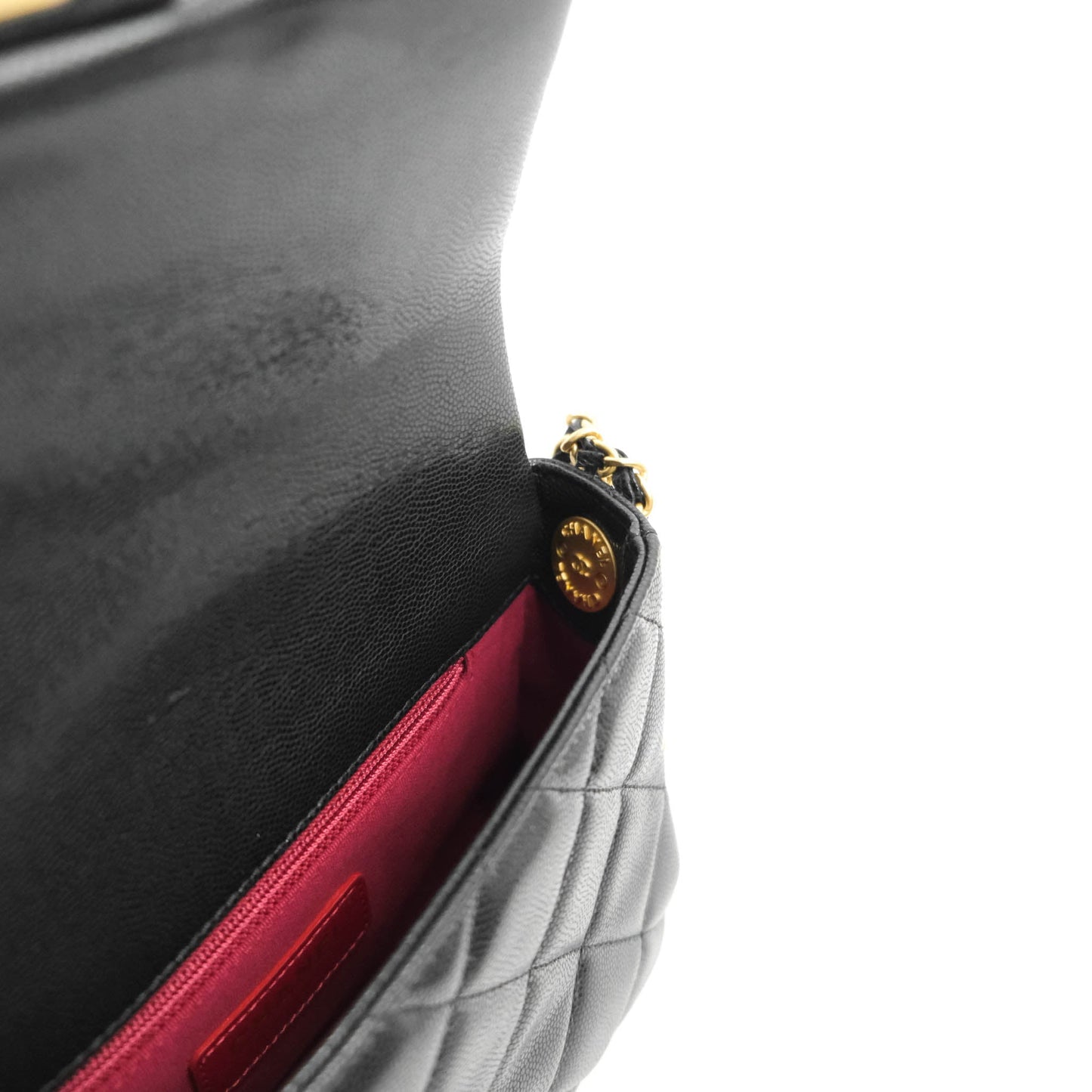 Chanel Small Flap with Coin Charm Black Caviar Aged Gold Hardware 22A