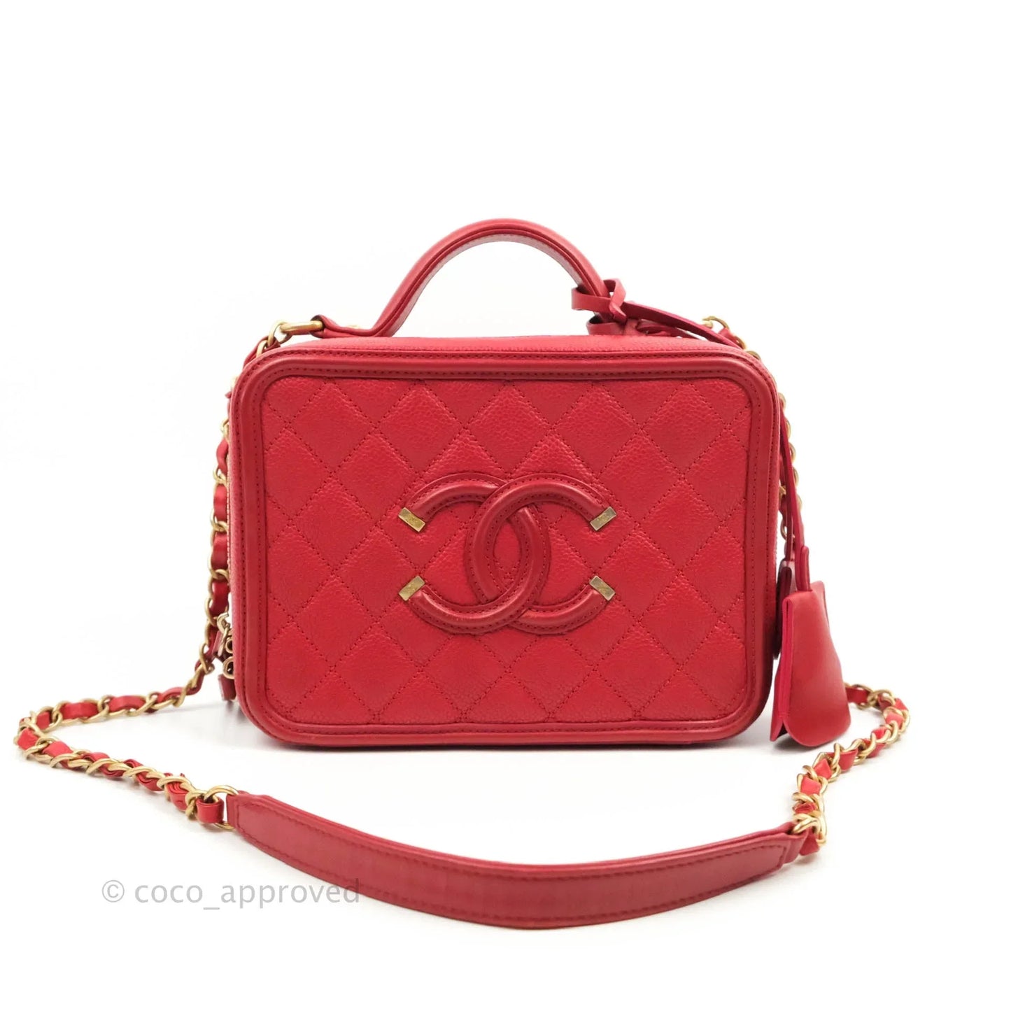 Chanel Quilted Medium CC Filigree Vanity Case Red Caviar Gold Hardware