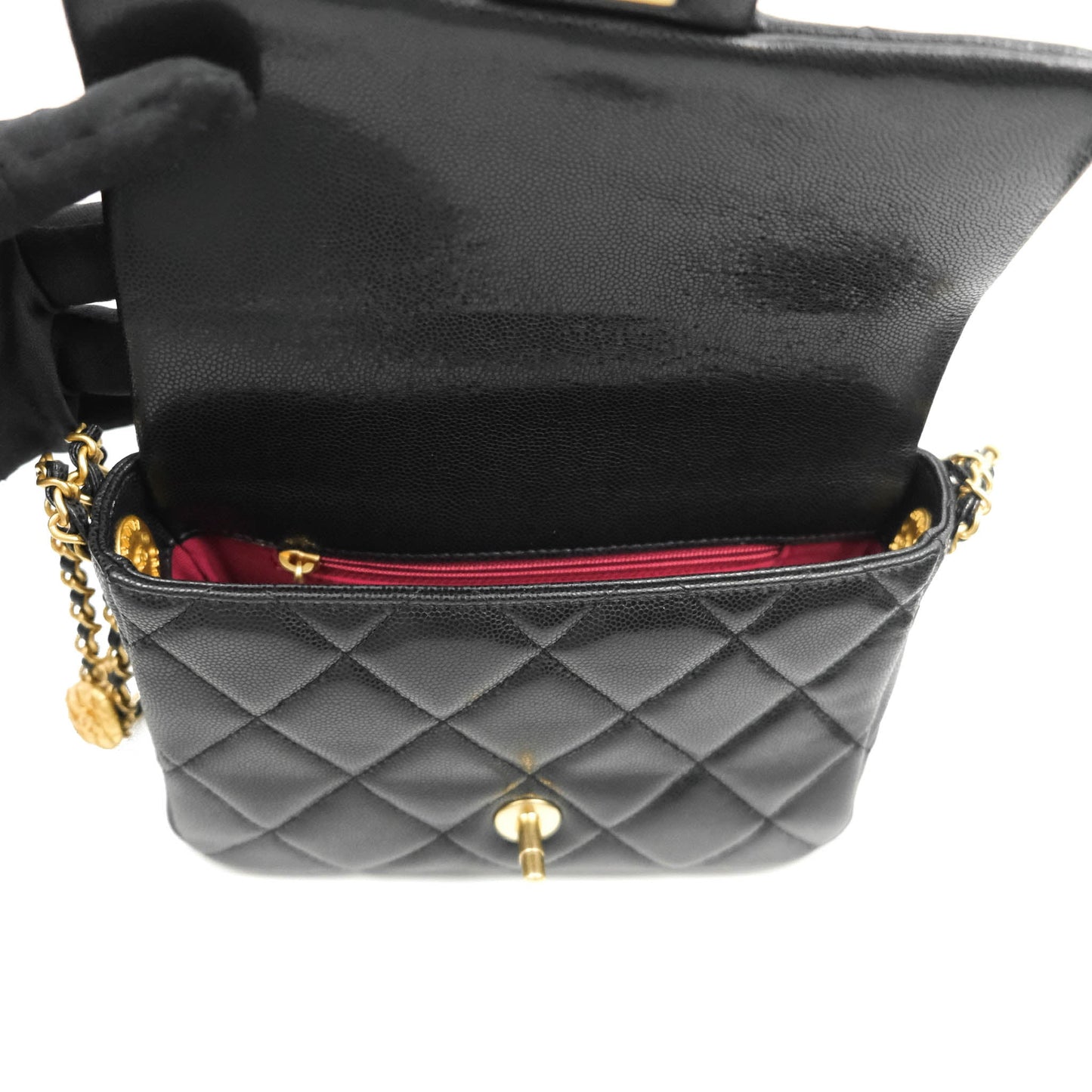 Chanel Small Flap with Coin Charm Black Caviar Aged Gold Hardware 22A