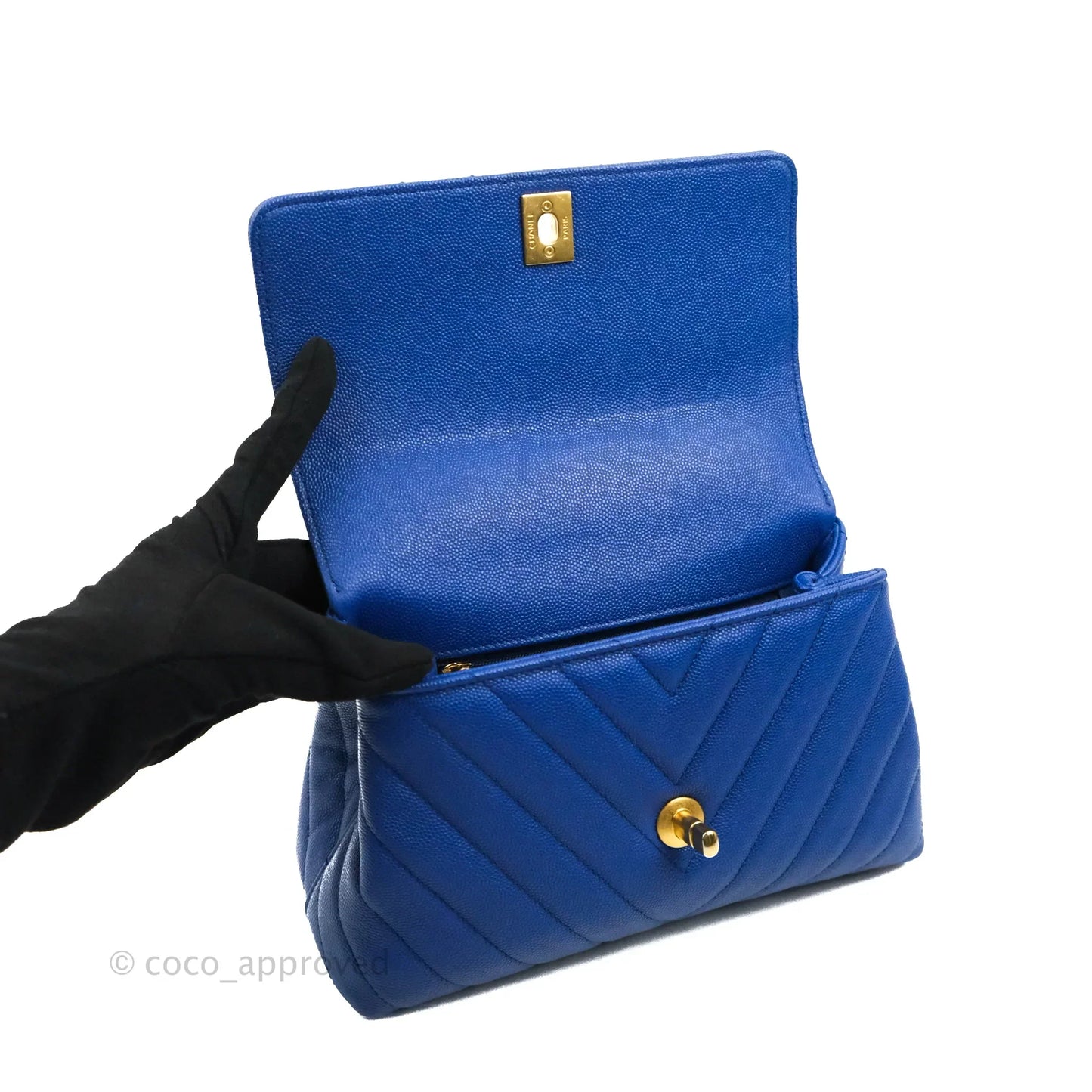 Chanel Small Coco Handle Chevron Blue Caviar Aged Gold Hardware