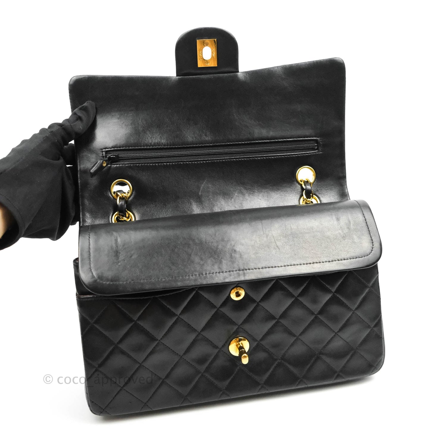 Chanel Vintage Classic M/L Medium Double Flap Bag Black Lambskin 24K Gold Hardware
