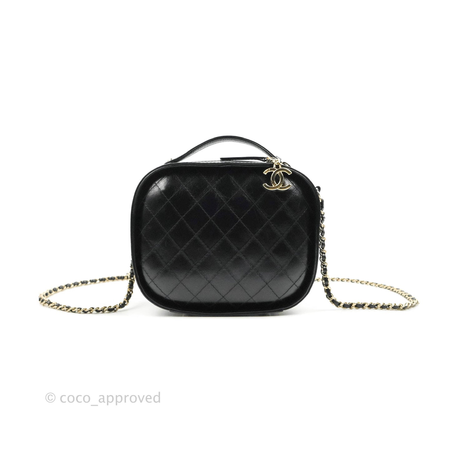 Chanel Small Round Vanity Case Bag Black Crumpled Calfskin 19C