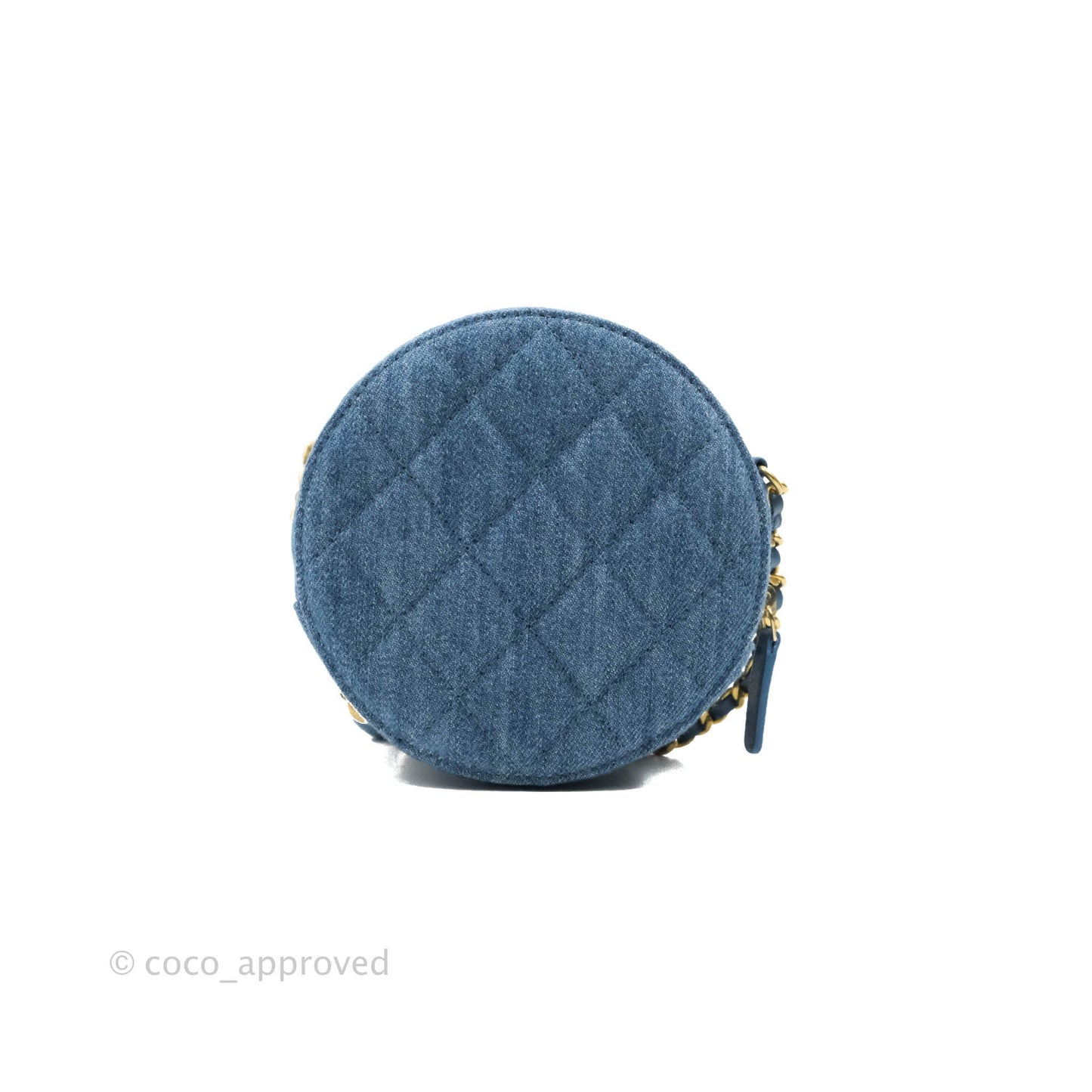 Chanel Quilted Pearl Crush Round Clutch With Chain Denim Aged Gold Hardware