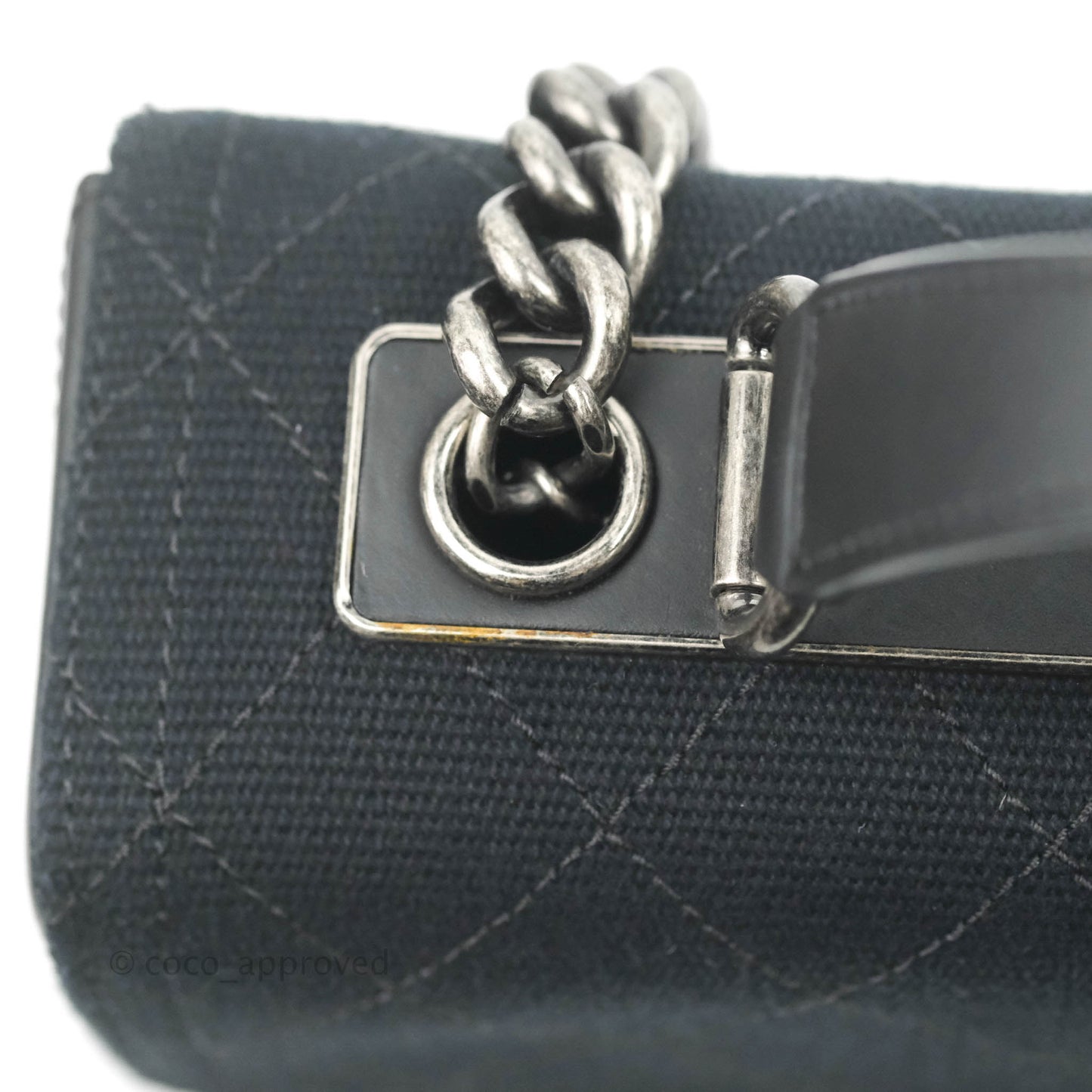 Chanel Quilted CC Top Handle with Chain Dark Navy Fabric Ruthenium Hardware 15P