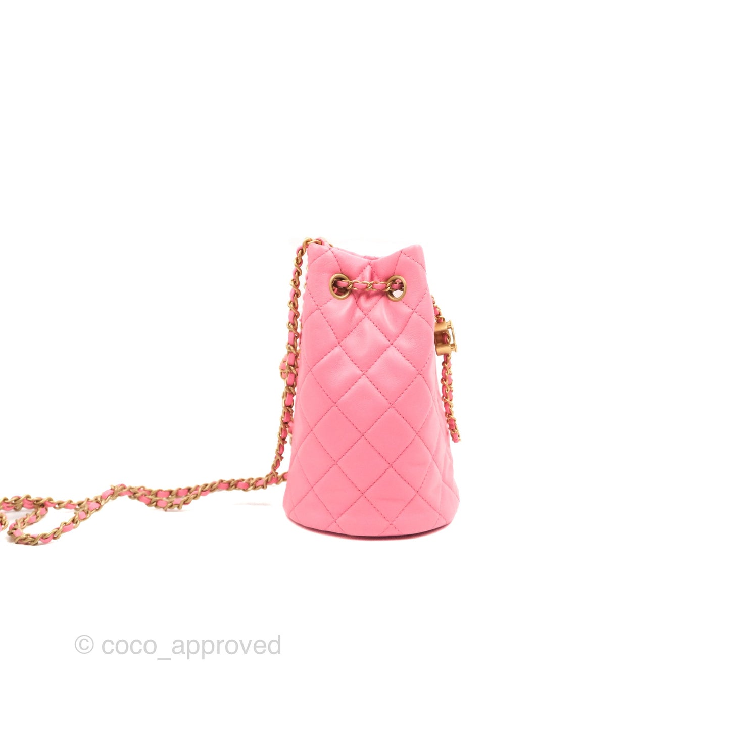 Chanel Quilted Crystal Pearl Crush Drawstring Bucket Bag Pink Lambskin Gold Hardware