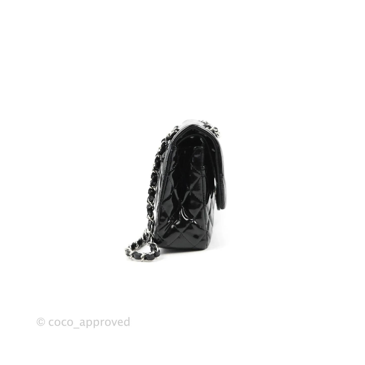 Chanel Classic Quilted M/L Medium Double Flap Black Patent Silver Hardware