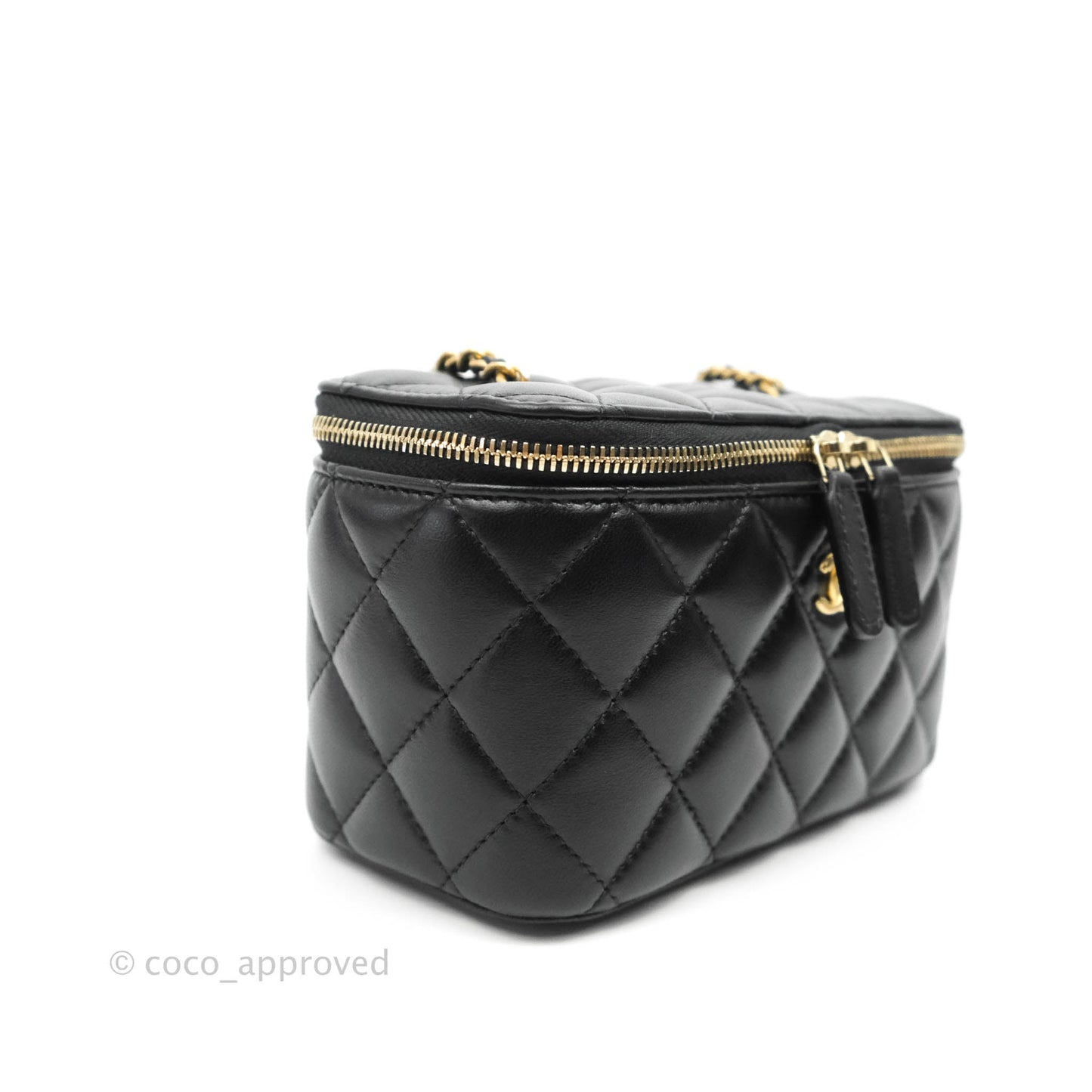Chanel Vanity with Pearl Crush Chain in Black Lambskin Aged Gold Hardware