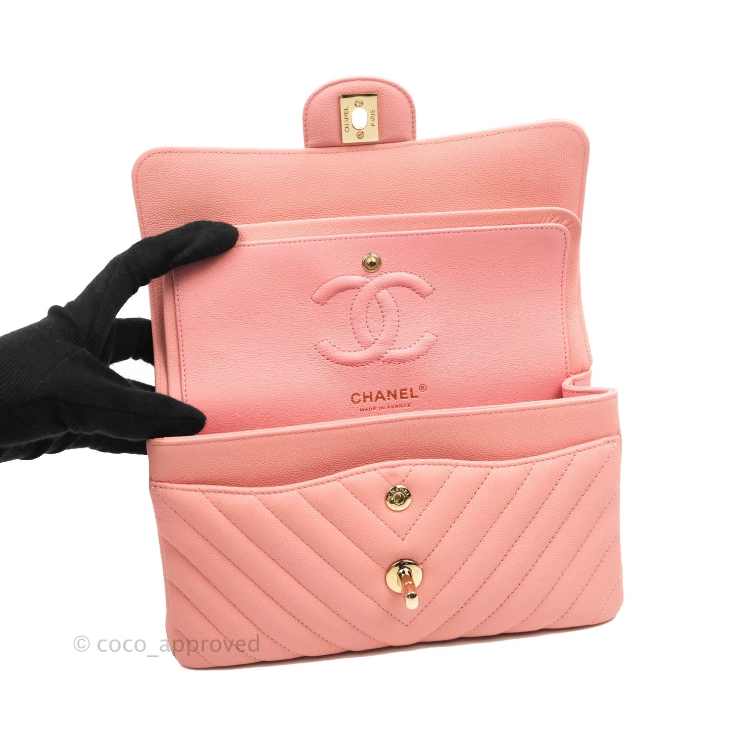 Chanel Classic Chevron S/M Small Double Flap Pink Caviar Gold Hardware