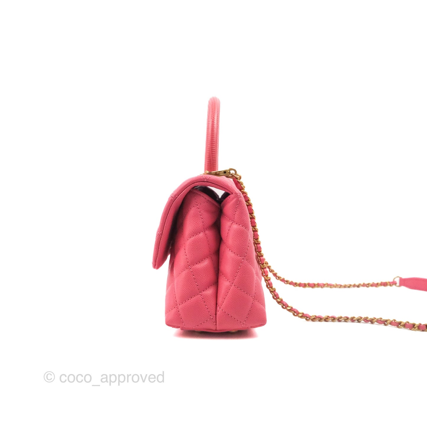 Chanel Small Coco Handle Quilted Pink Caviar Aged Gold Hardware Lizard Embossed Handle