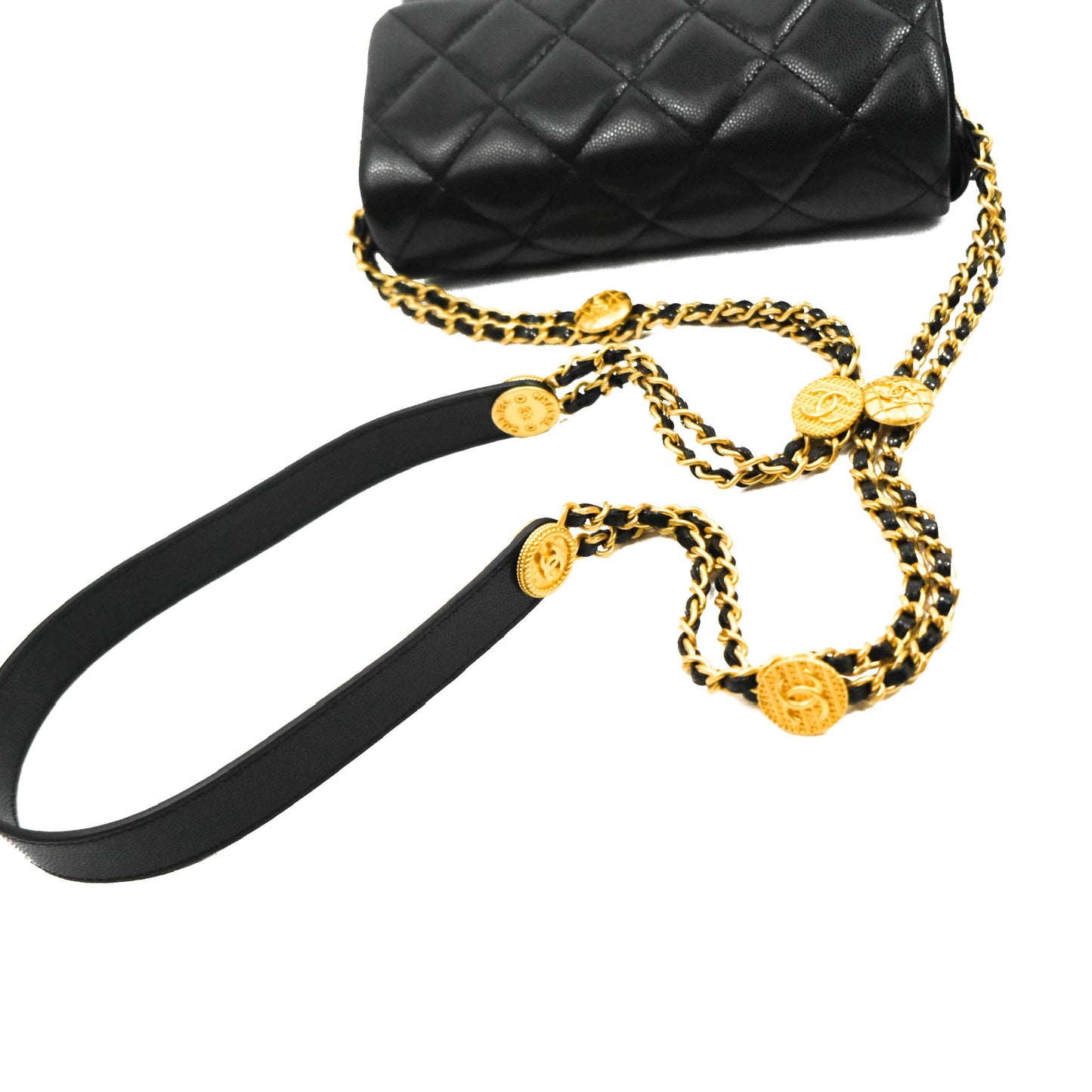 Chanel Small Flap with Coin Charm Black Caviar Aged Gold Hardware 22A