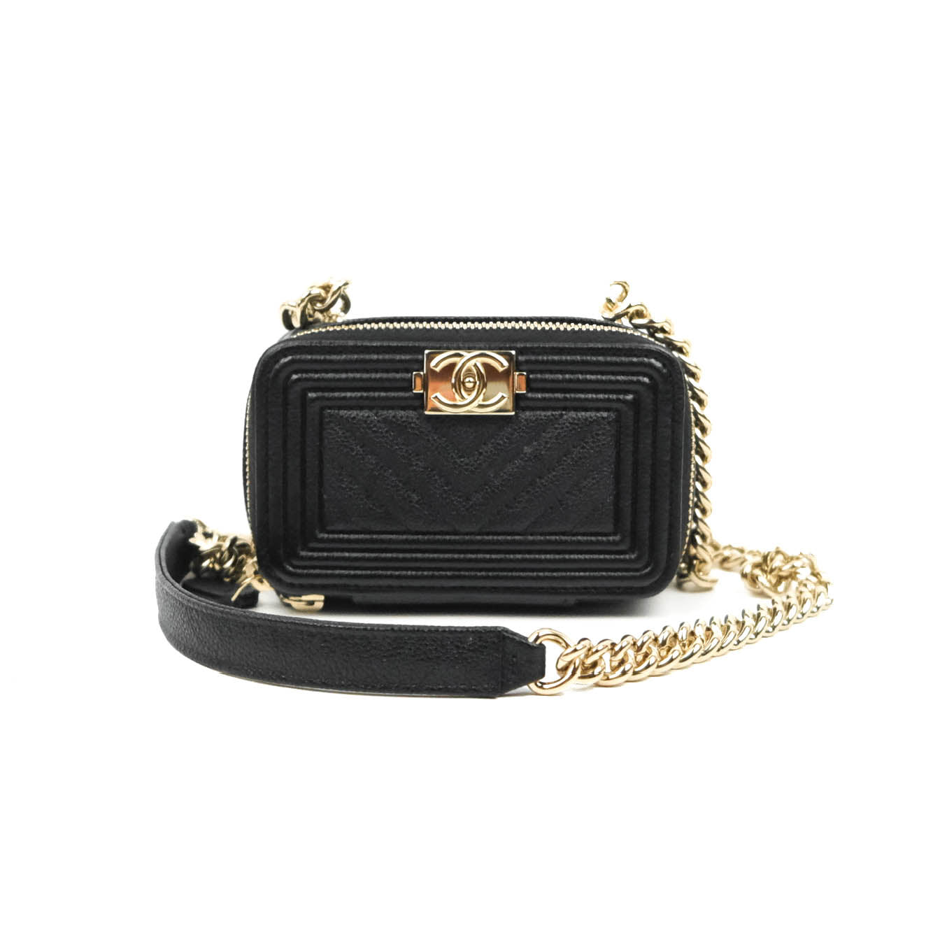 Chanel Mini Boy Clutch with Chain Black Caviar Gold Hardware