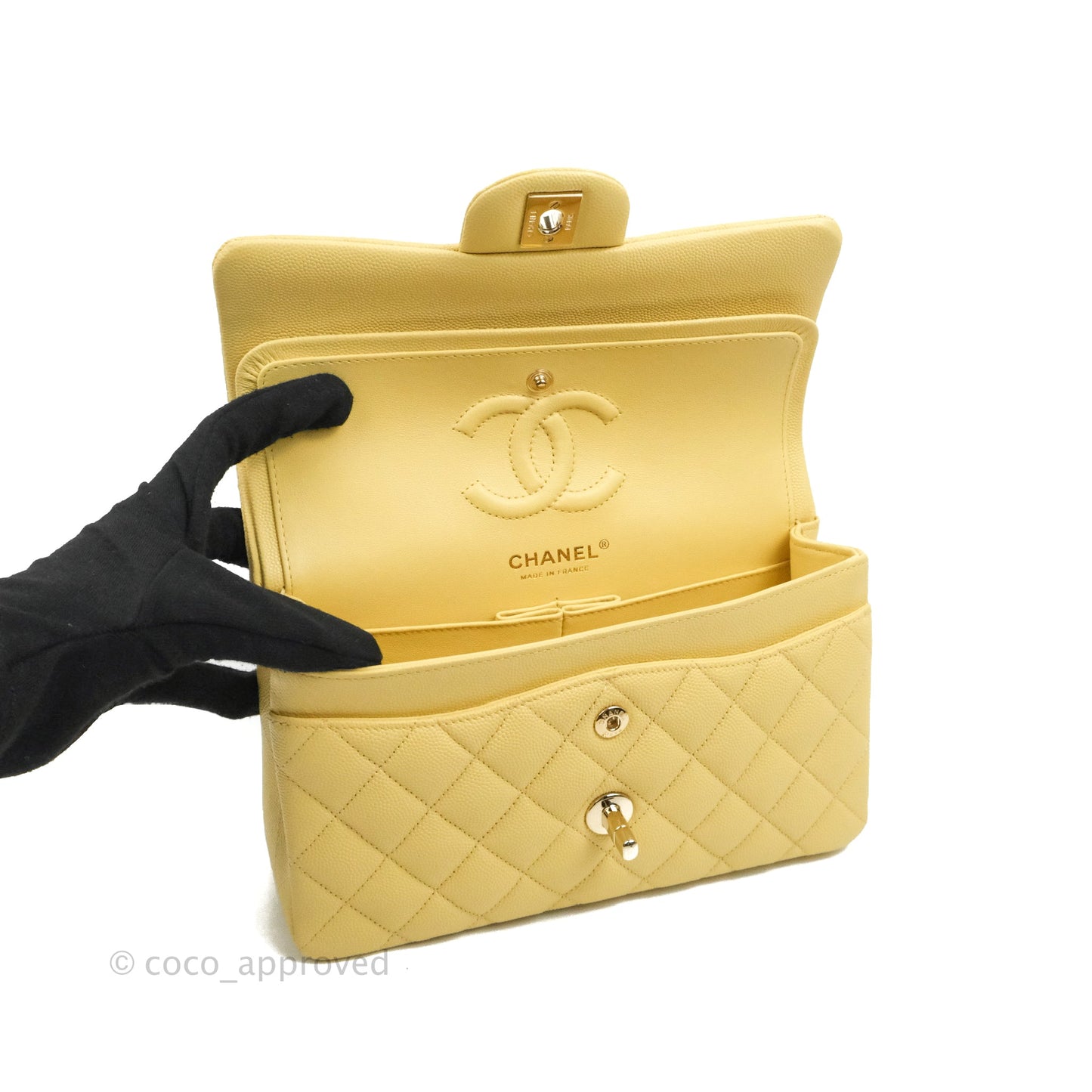 Chanel Classic Small S/M Quilted Flap Yellow Caviar Gold Hardware