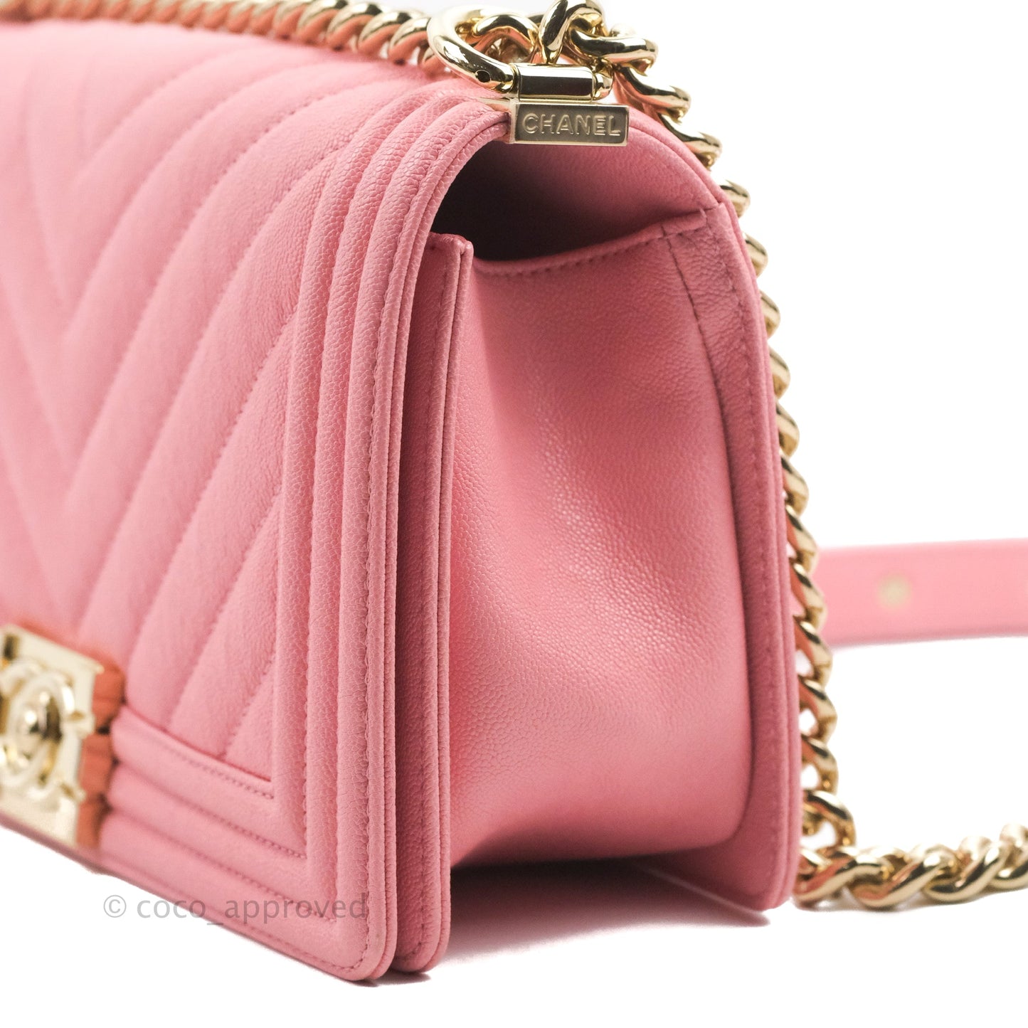 Chanel Quilted Medium Boy Rosy Pink Chevron Caviar Gold Hardware
