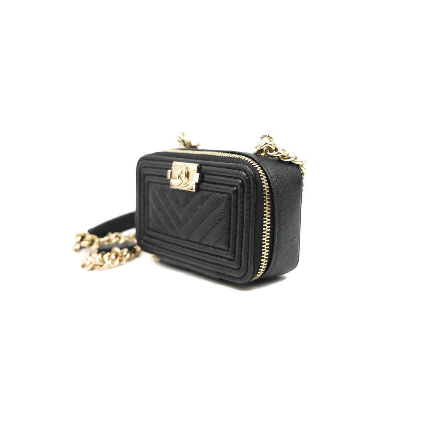 Chanel Mini Boy Clutch with Chain Black Caviar Gold Hardware