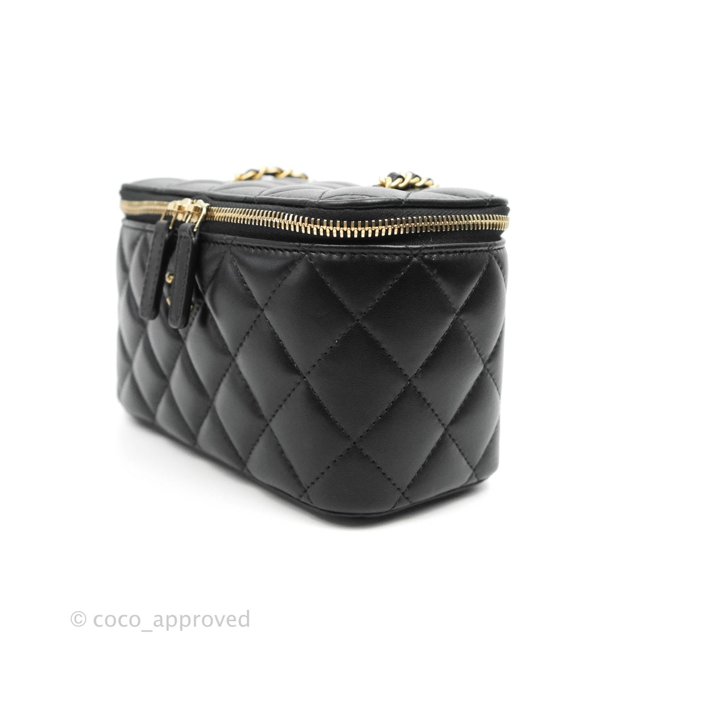Chanel Vanity with Pearl Crush Chain in Black Lambskin Aged Gold Hardware