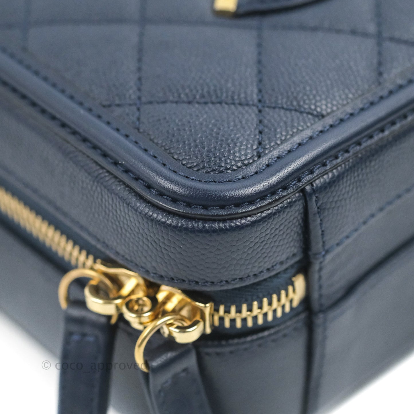 Chanel Quilted Small CC Filigree Vanity Case Navy Caviar Gold Hardware
