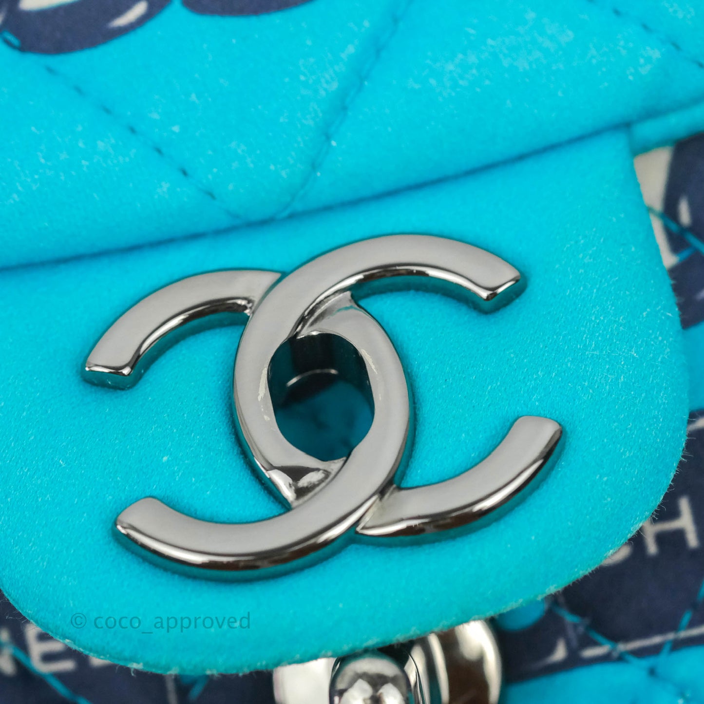 Chanel Medium Single Flap Chain Printed in Blue Silk Gun Metal
