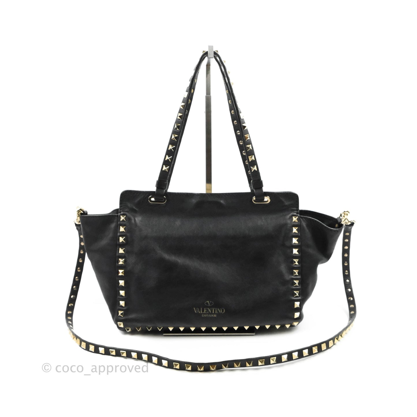 Valentino Garavani Small Trapeze Rockstud Black Grained Calfskin Gold Hardware
