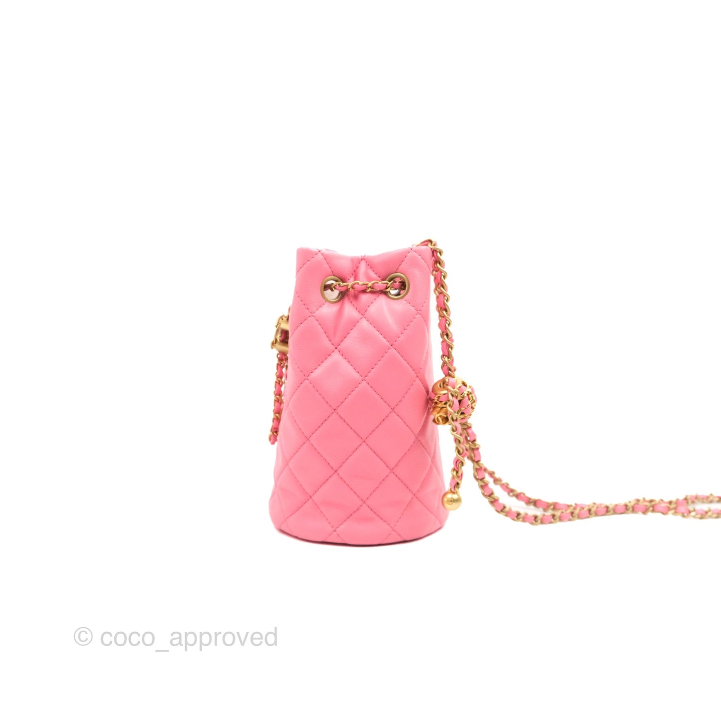Chanel Quilted Crystal Pearl Crush Drawstring Bucket Bag Pink Lambskin Gold Hardware