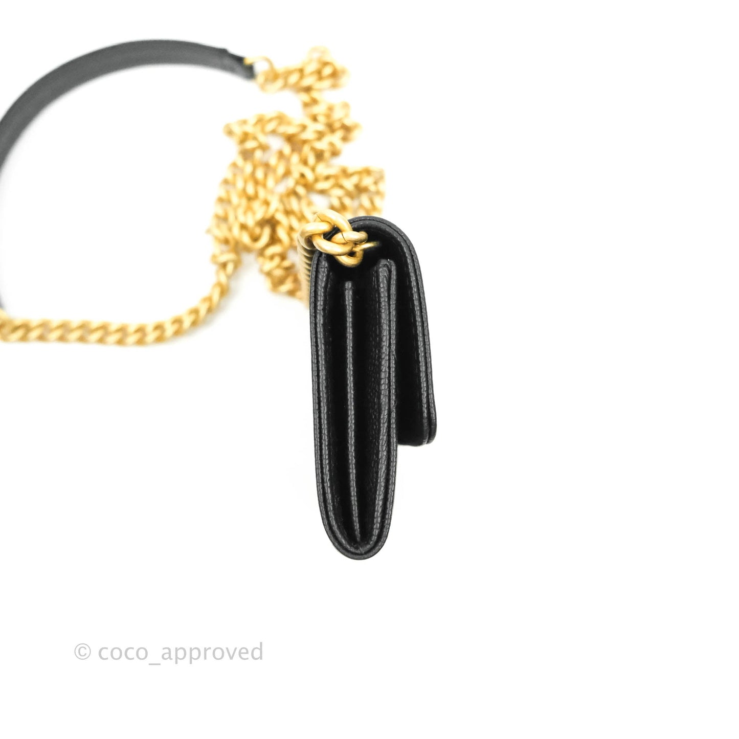 Chanel Boy Card Holder With Chain Black Caviar Gold Hardware