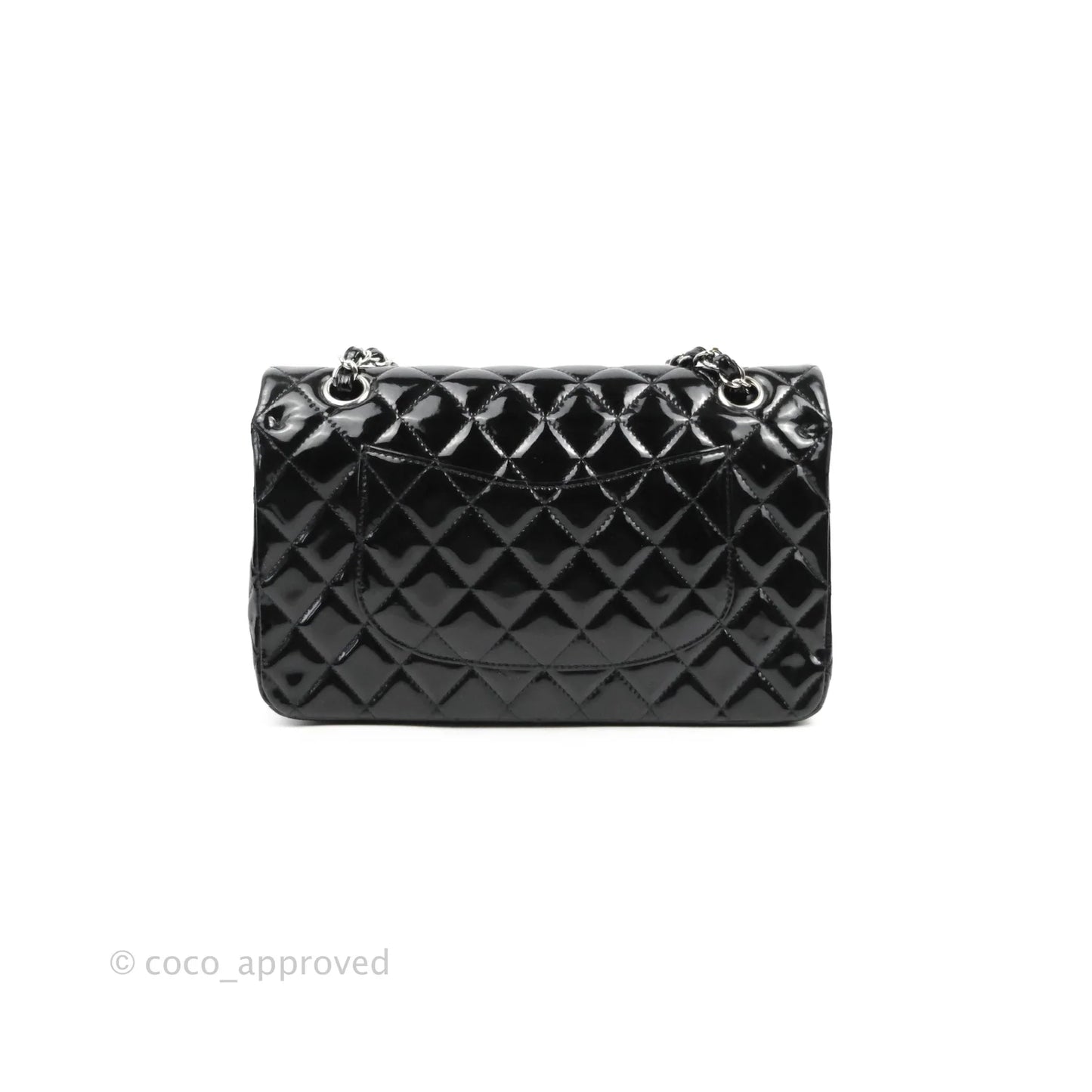 Chanel Classic Quilted M/L Medium Double Flap Black Patent Silver Hardware