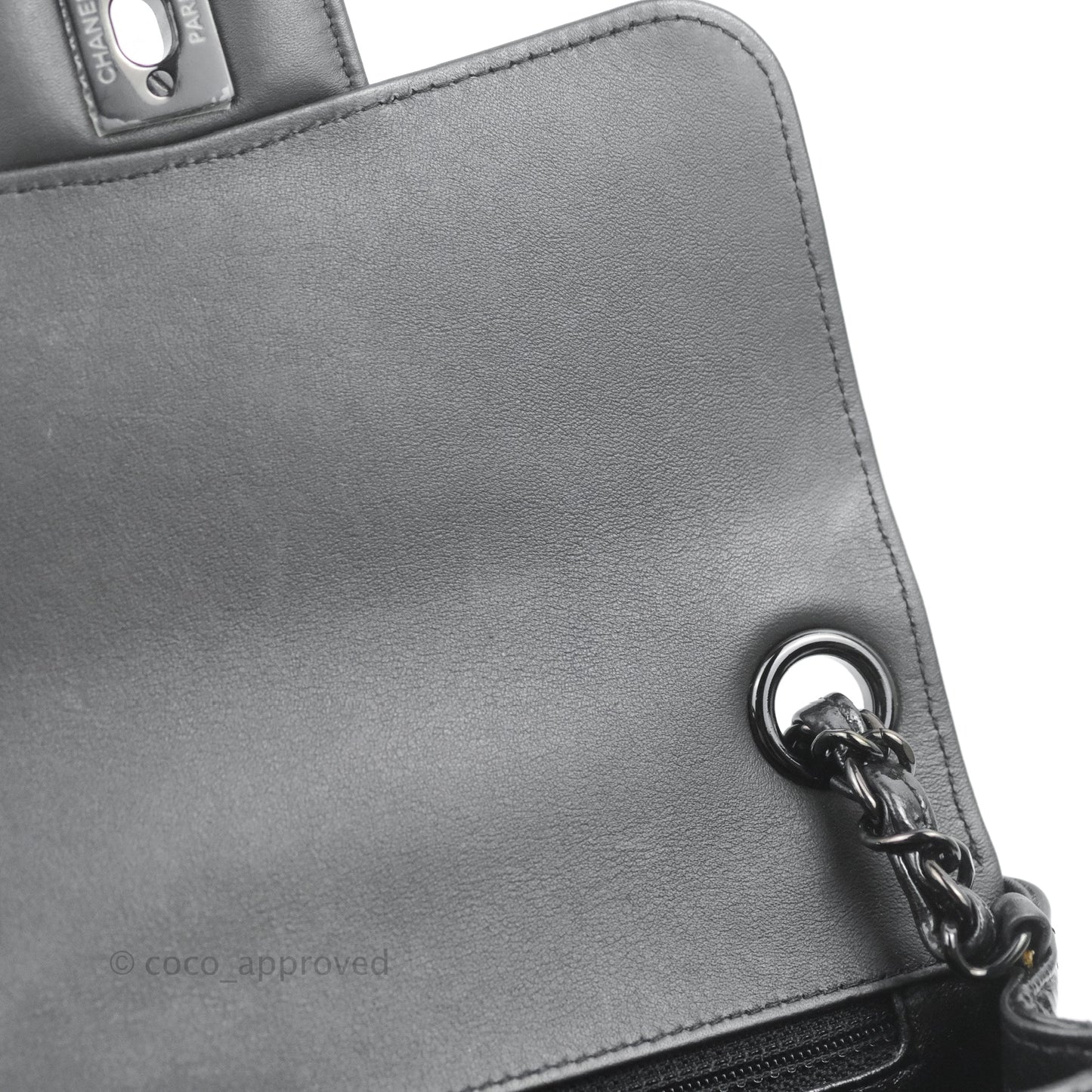 Chanel Mini Square Chevron Flap Black Crumpled Metallic Patent So Black