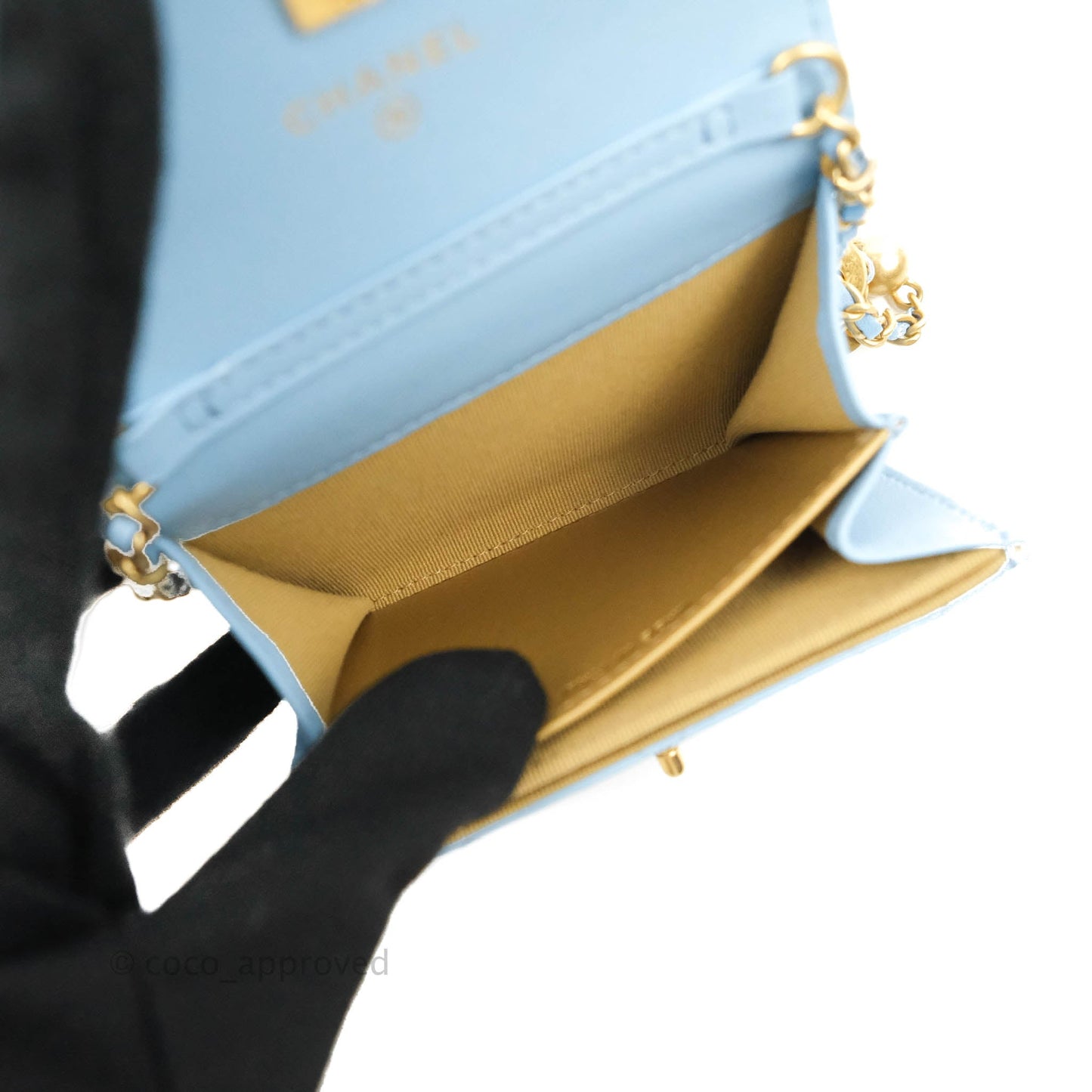 Chanel Pearl Crush Mini Clutch With Chain Blue Lambskin Aged Gold Hardware