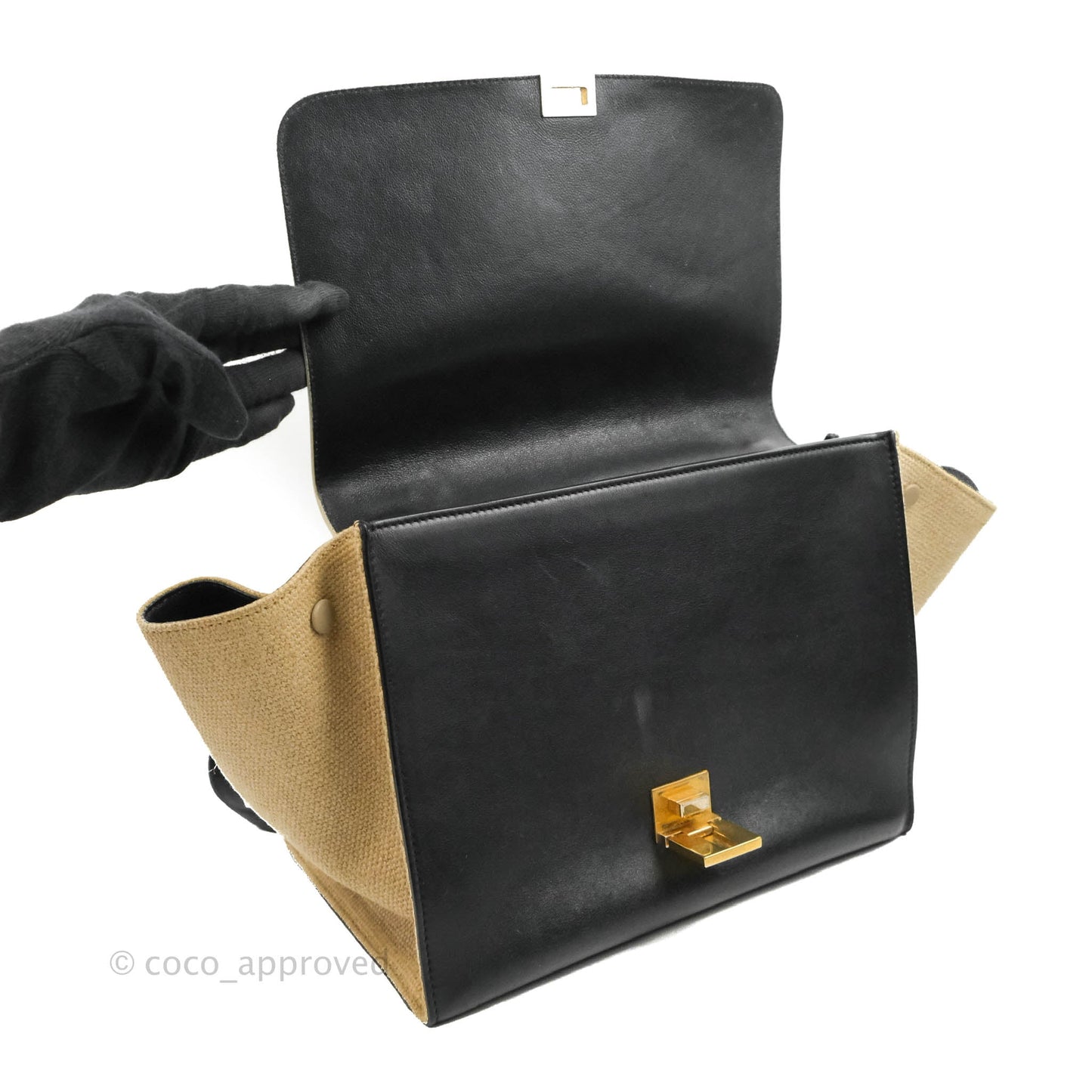 Celine Small Sleek Calfskin Tri-Color Trapeze Ivory Black Raffia