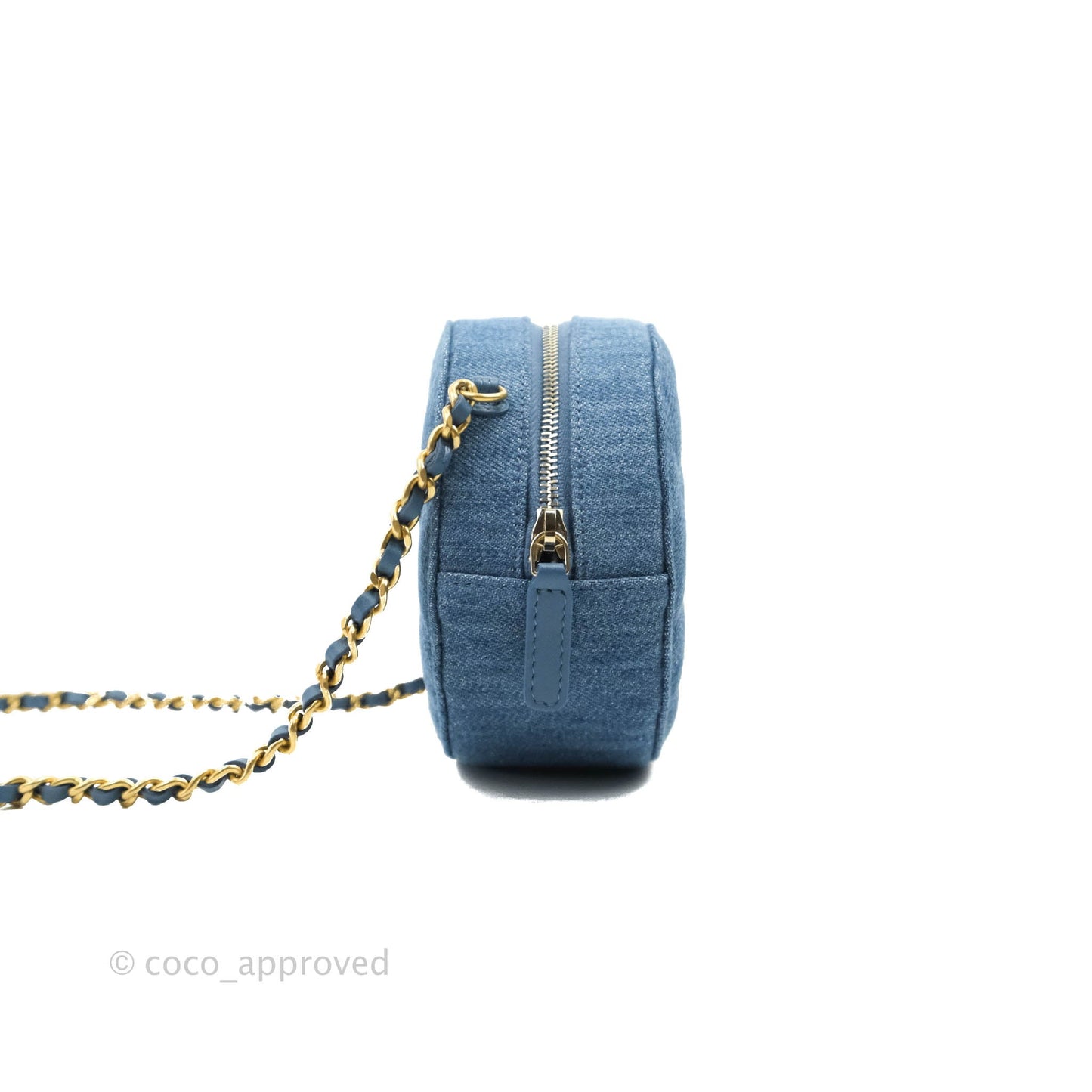 Chanel Quilted Pearl Crush Round Clutch With Chain Denim Aged Gold Hardware