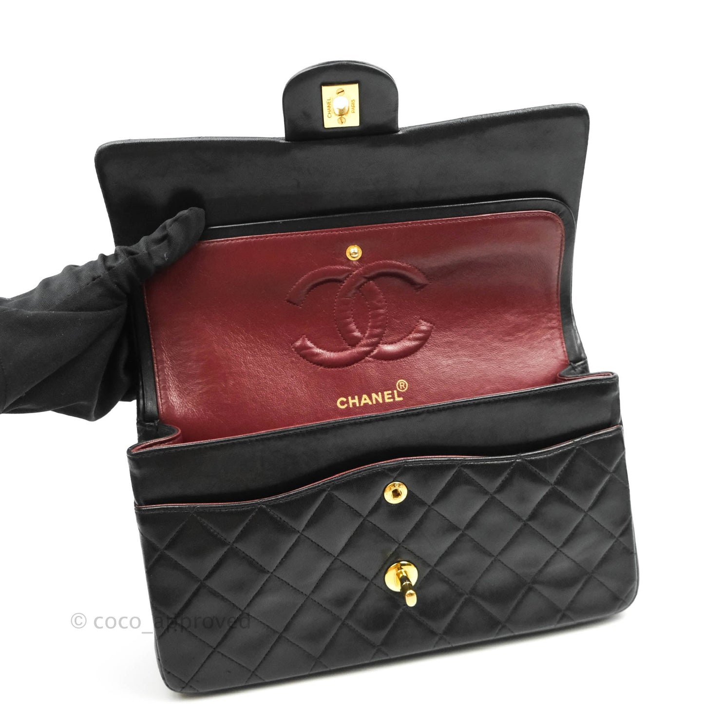 Chanel Vintage Classic M/L Medium Double Flap Bag Black Lambskin 24K Gold Hardware