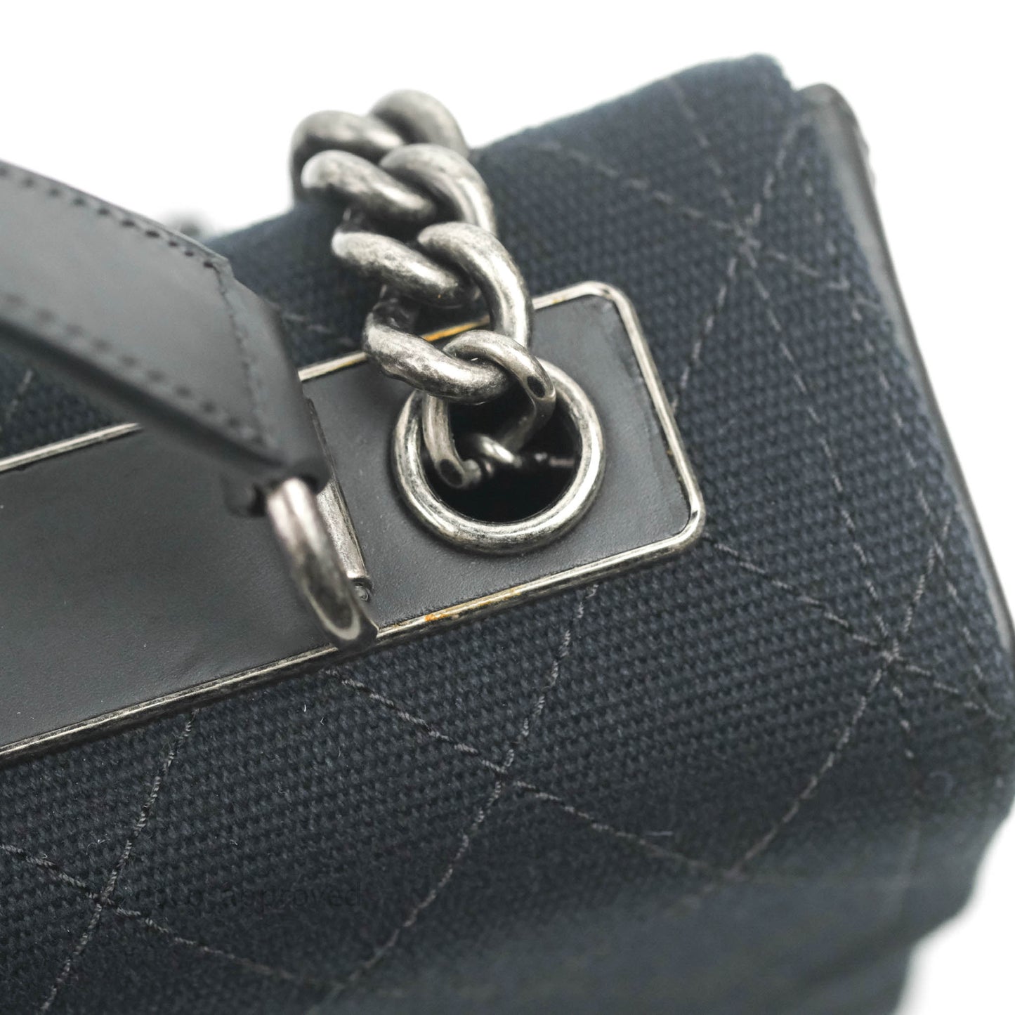 Chanel Quilted CC Top Handle with Chain Dark Navy Fabric Ruthenium Hardware 15P