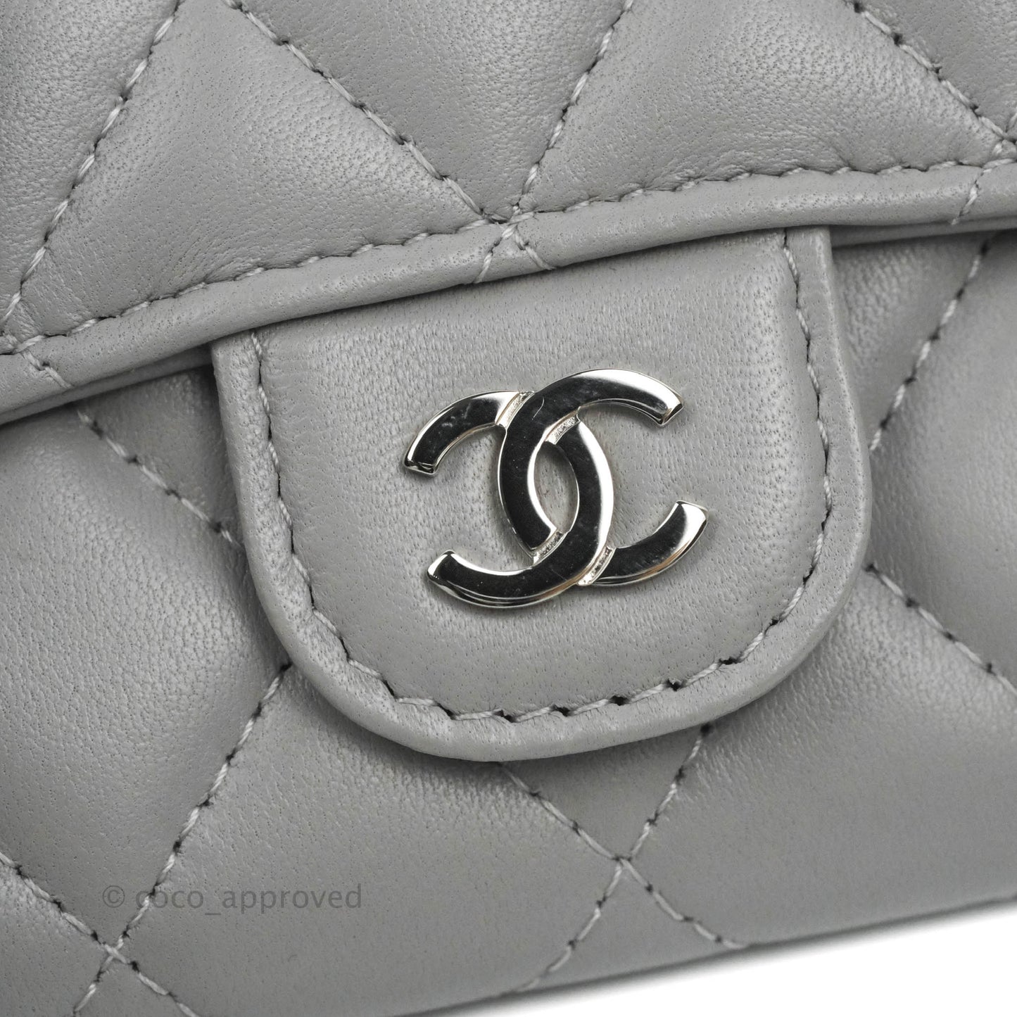 Chanel Quilted Flap Card Holder Grey Lambskin Silver Hardware