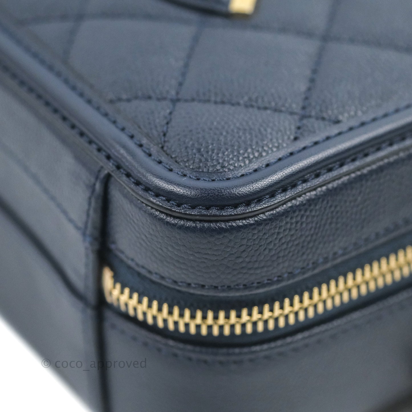 Chanel Quilted Small CC Filigree Vanity Case Navy Caviar Gold Hardware