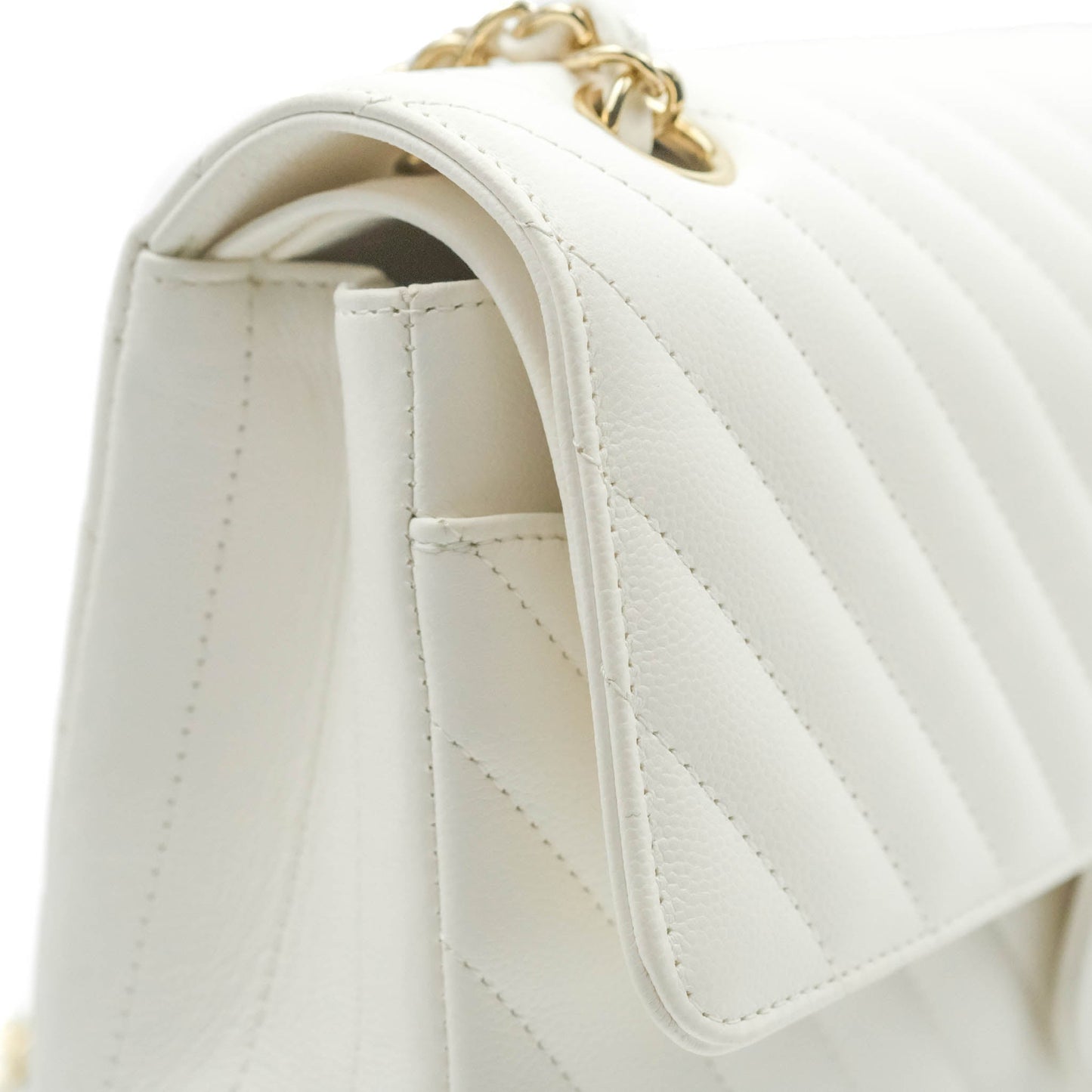 Chanel Chevron M/L Medium Double Flap White Caviar Gold Hardware