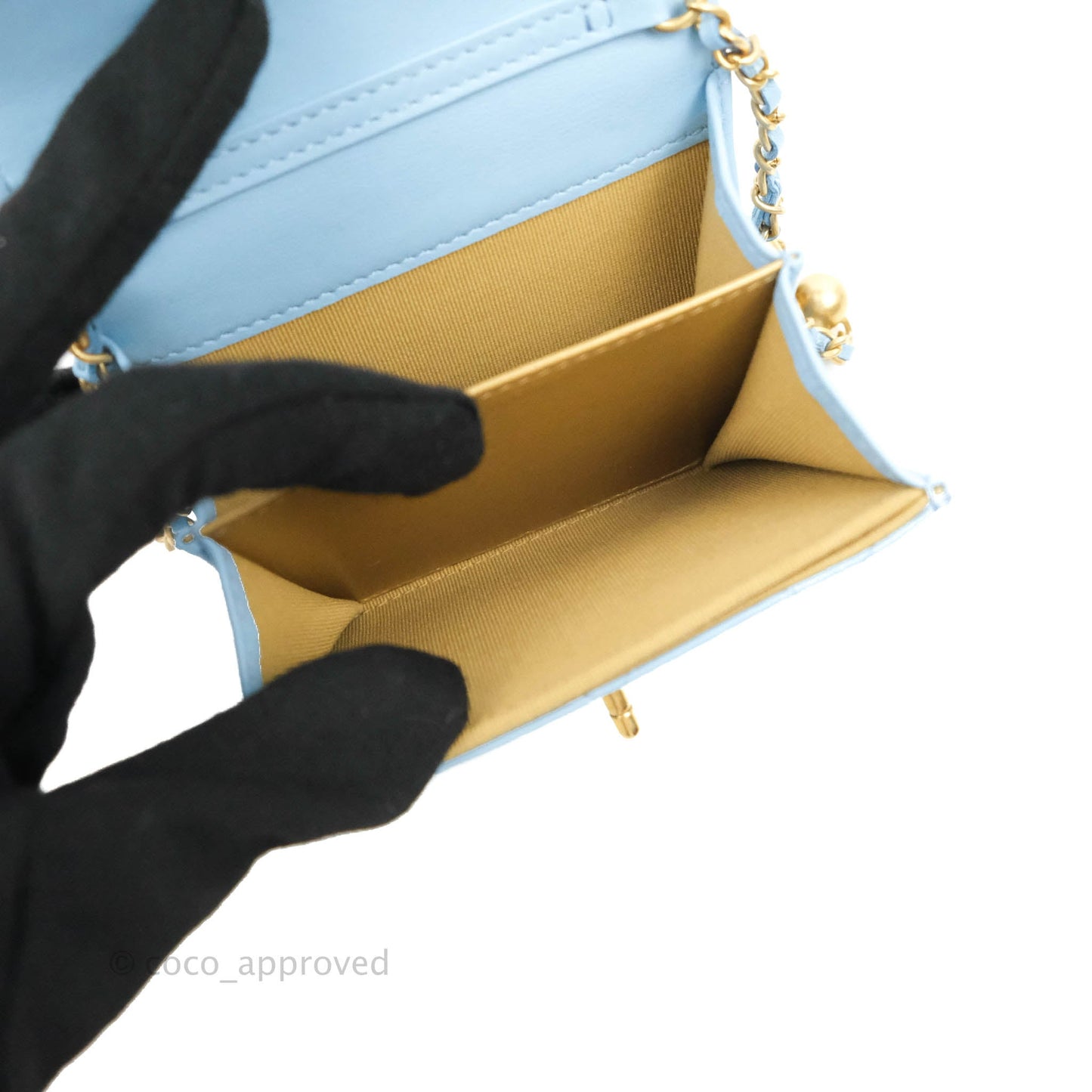 Chanel Pearl Crush Mini Clutch With Chain Blue Lambskin Aged Gold Hardware
